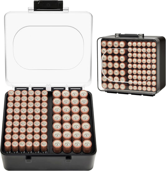 FULLCASE Battery Storage Organizer Box, Holder Container for 82 AA AAA Batteries, Plastic Home Batteries Variety Pack Protective Organization(Case Only) Black