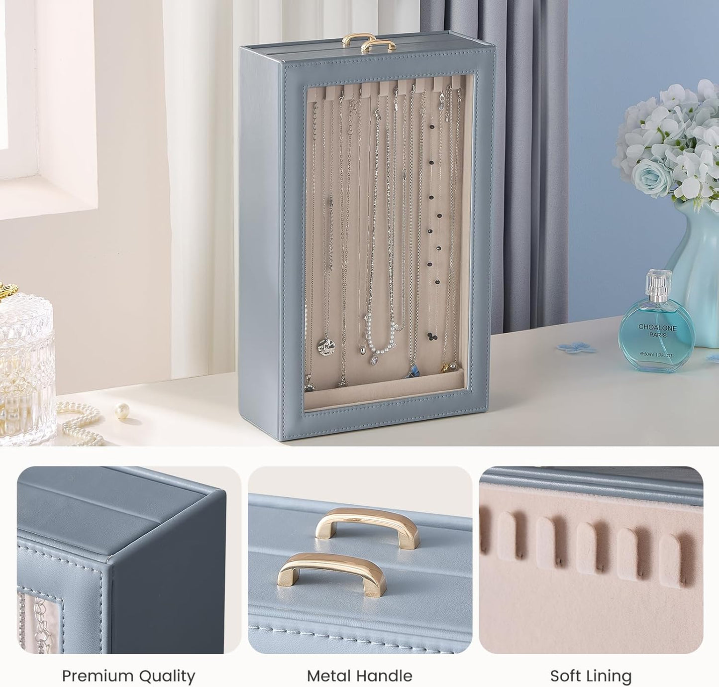 Lolalet Necklace Organizer Box, 2-Layer Jewelry Storage Boxes with Clear Lid for Necklaces, Tangle-Free Necklace Display Case for Women Girls -Dusty Blue