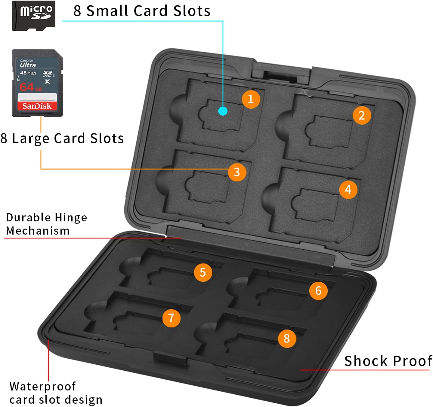 Aluminum Shock Resistant Carrying Box Holder Memory Card Storage Box Case Holder 8 Slots for SD SDHC MMC Micro SD TF Cards (Black)