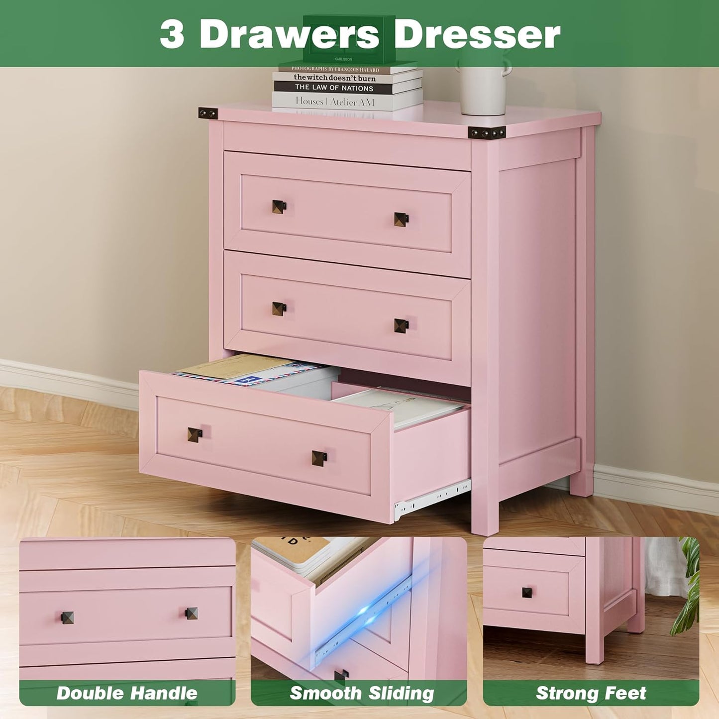 Dresser for Bedroom with 3 Drawers, Small Chests of Drawers, 27.55" Wide Farmhouse Wood Nightstand Bedside Cabinet End Table, Modern Closet Storage Organizer for Living Room, Entryway, Hallway, Pink