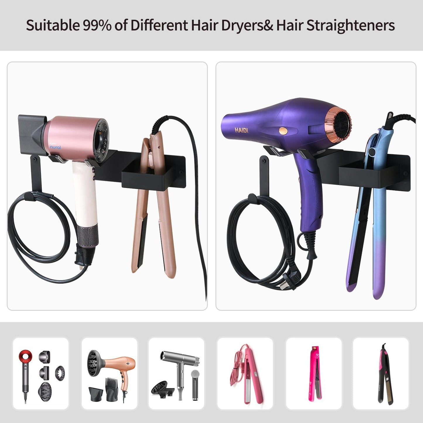 Hair Dryer Holder Wall Mounted, Stainless Steel Blow Dryer Holder for Bathroom, Hair Dryer and Straightener Holder Adhesive or Drilling, Hair Tool Organizer for Salon Barber Shops Black BANJEKT