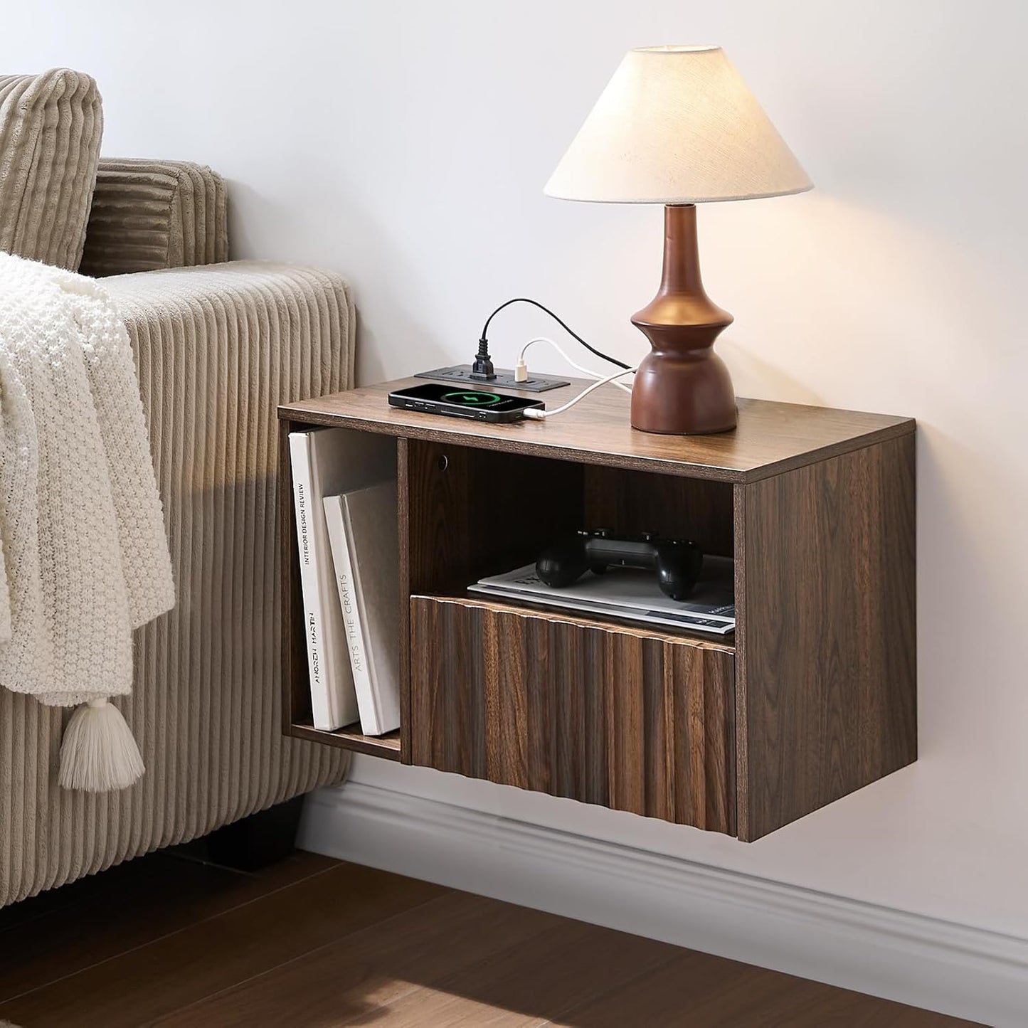 Modern Walnut Fluted Floating Nightstand with Charging Station, NightStand with Drawers, Bedside with USB Ports and Outlets, Bedroom Furniture (Left)