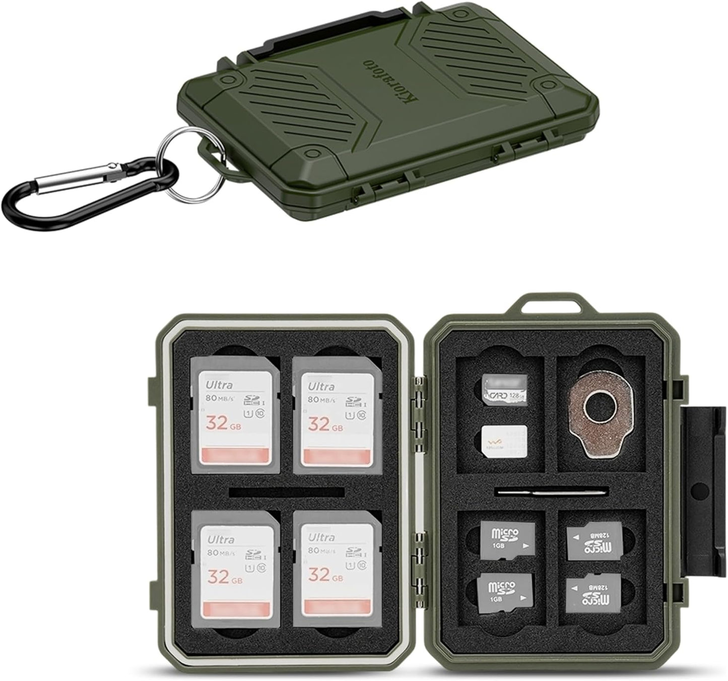 IP67 Waterproof Memory Card Case, Slim Anti-Shock SD TF Card Holder Carrying Case Organizer for 8 SD/SDHC/SDXC Cards, 12 MicroSD/MicroSDHC/MicroSDXC/TF/MSD Cards, 2 Nano SIM Storage - Green