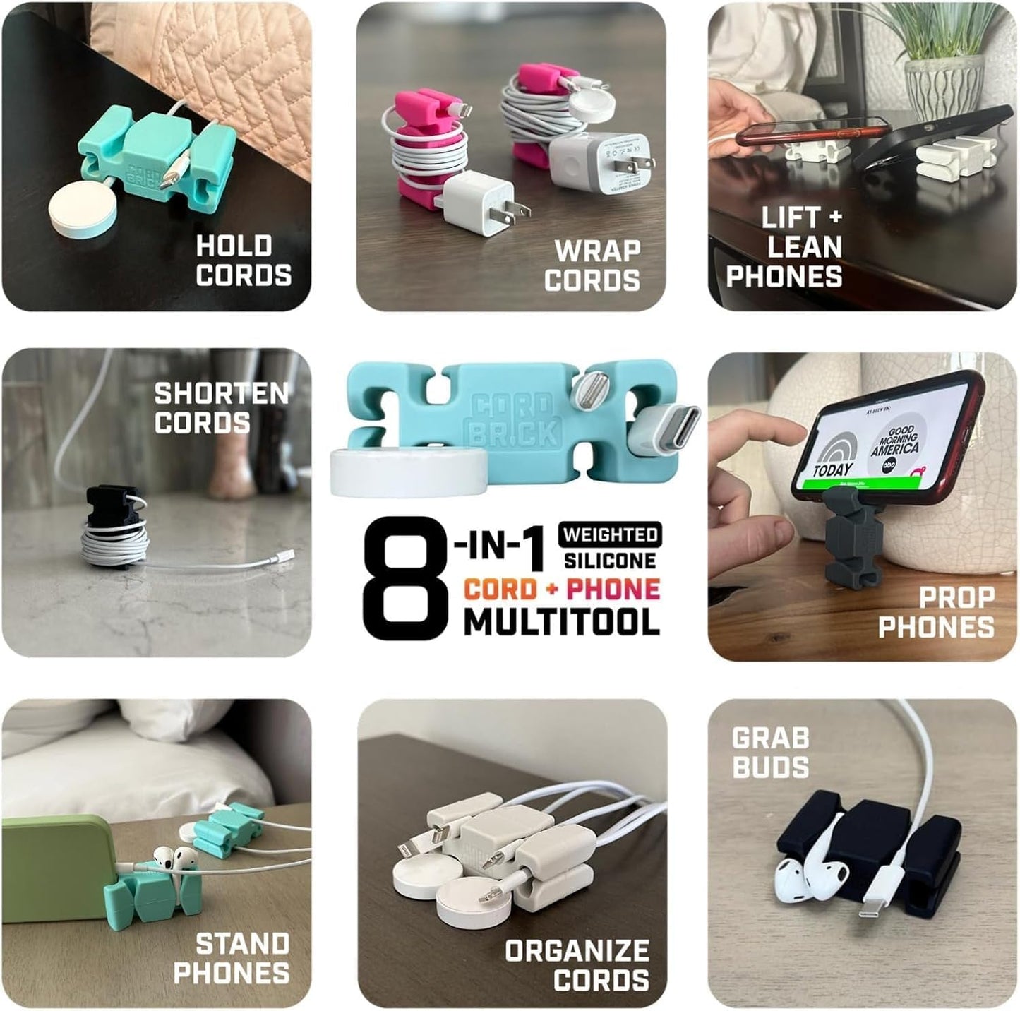 CordBrick Stocking Stuffers for Adults Cord Management Weighted Cord Holder Cable Wrap Phone Stand - Multiuse Gadget Organizer for Nightstand, Desk. Gift for Men, Durable Silicone. Aqua
