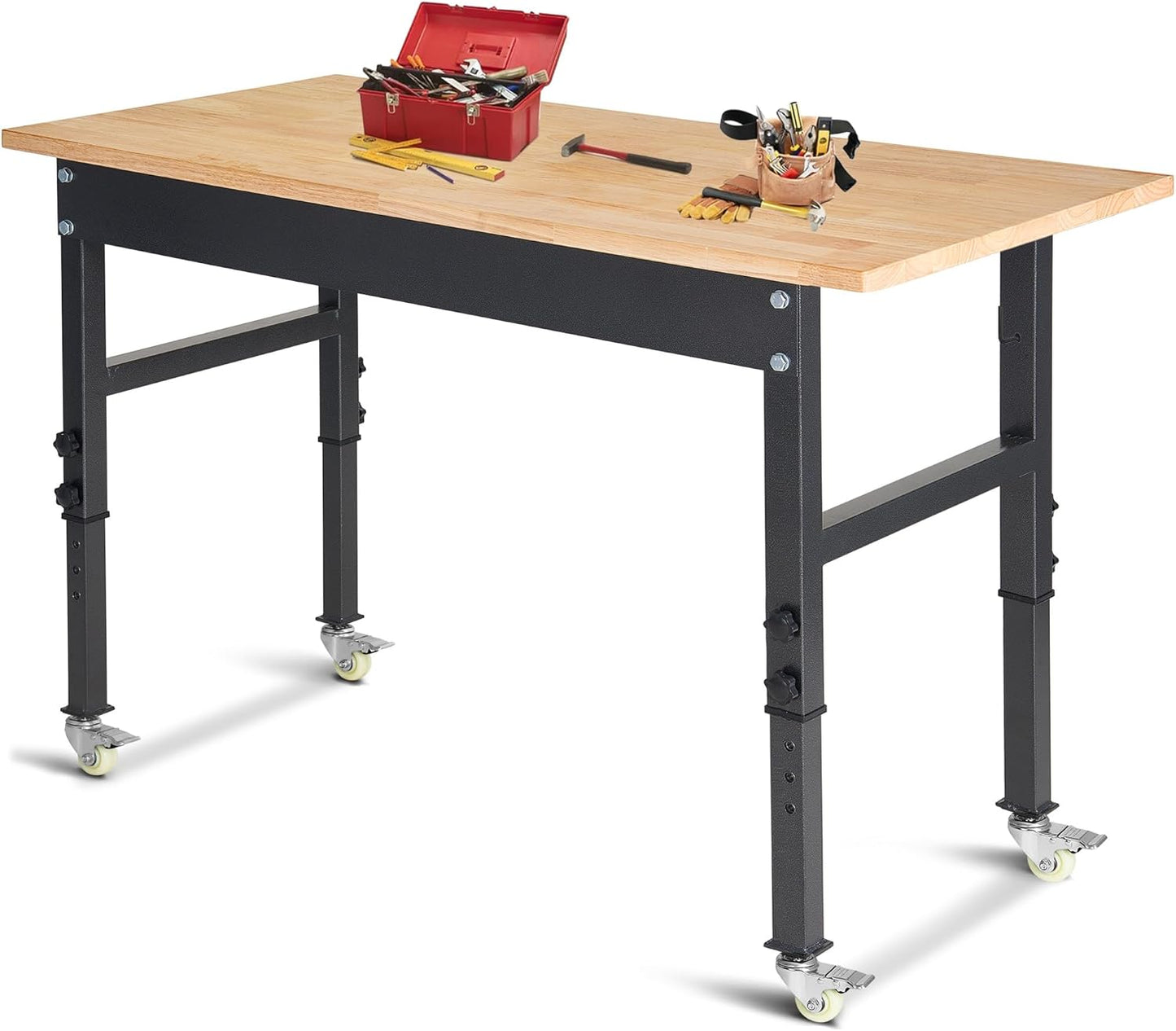48" Adjustable Work Bench, Rubber Wood Top Workbench Heavy-Duty Work Table with Wheels, 2000 LBS Load Capacity Hardwood Work Benches for Garage, Workshop, Home, Office, Easy Assembly