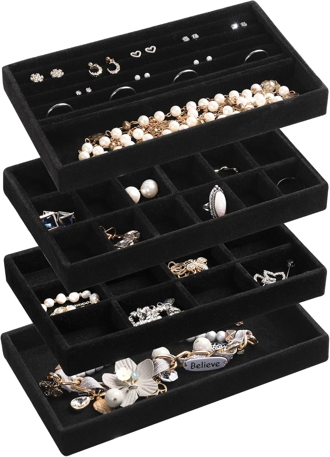 Frebeauty Jewelry Organizer Tray,Stackable Velvet Jewelry Trays,Drawer Inserts Earring Organizer For Women Jewelry Storage Display Case for Rings Stud Necklaces,Set of 4(Black)