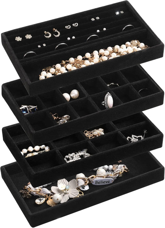 Frebeauty Jewelry Organizer Tray,Stackable Velvet Jewelry Trays,Drawer Inserts Earring Organizer For Women Jewelry Storage Display Case for Rings Stud Necklaces,Set of 4(Black)