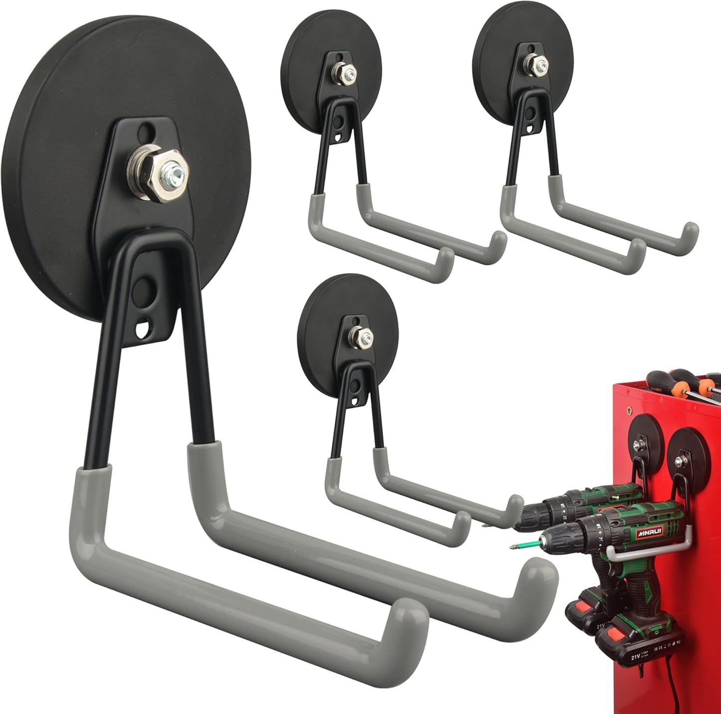 ULIBERMAGNET Magnetic Hooks,Heavy Duty Magnet Hooks,Large Manget with Hooks for Metal Cabinet Pegboard Garage Shelve Cart,4 Pack Tool Hook for Hammer Drill,Garden Tool(3.46inch/Silver)