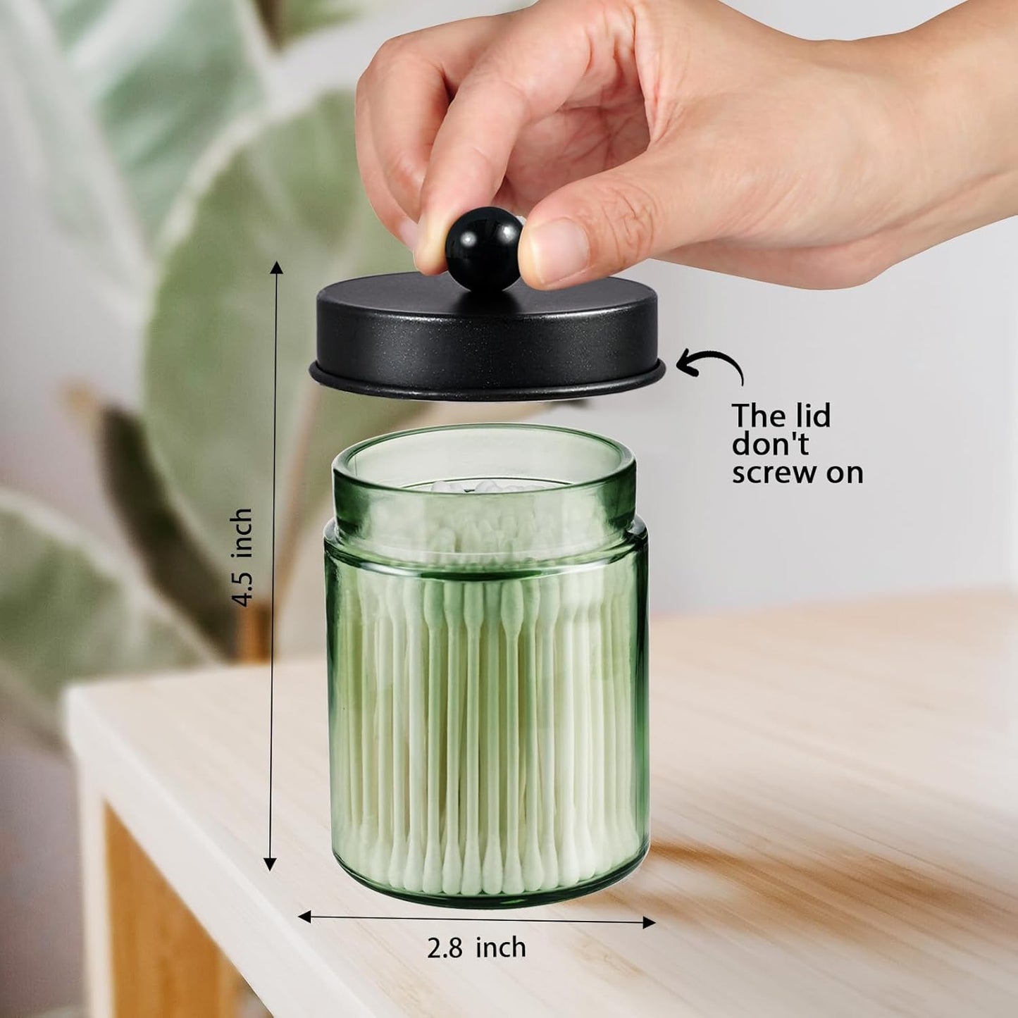 Amolliar Sage Green Qtip Holder, Glass Apothecary Jar Metal Lid & Stickers, Bathroom Qtip Dispenser Storage Canister, Perfect for Cotton Balls, Cotton Swabs, Round Pads, Bath Salt, Floss, Black 4 Pack