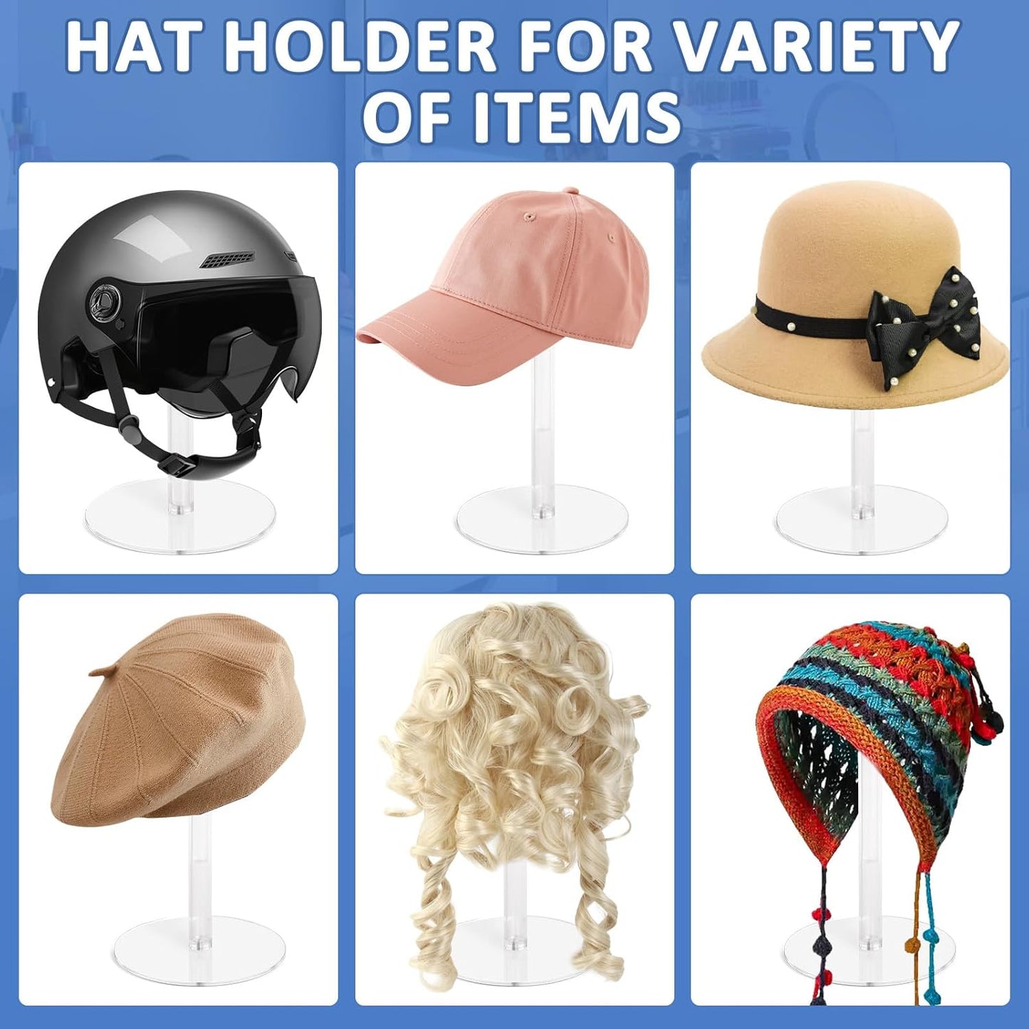 4PCS Acrylic Hat Stand and Wig Display Rack with Height Adjustable, Clear Dome Tabletop Hat Stand Cap, Sun Hat Holder Stand, Cowboy Hat Holder Baseball Cap Rack for Display