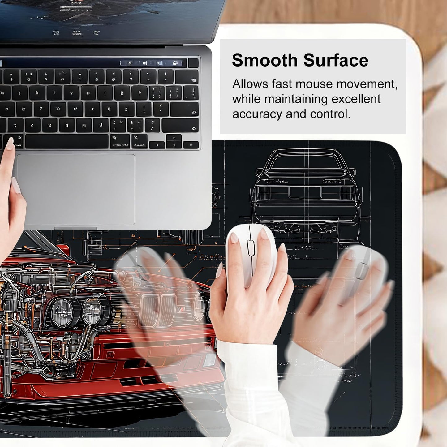 Retro Car Blueprint Mouse Pad – Large Extended Desk Mat 31.5 x 11.8 in – Classic Red Tuner Car Cutaway with Engine Diagram, Waterproof Surface, Non-Slip Rubber Base, Keyboard & Mouse Pad