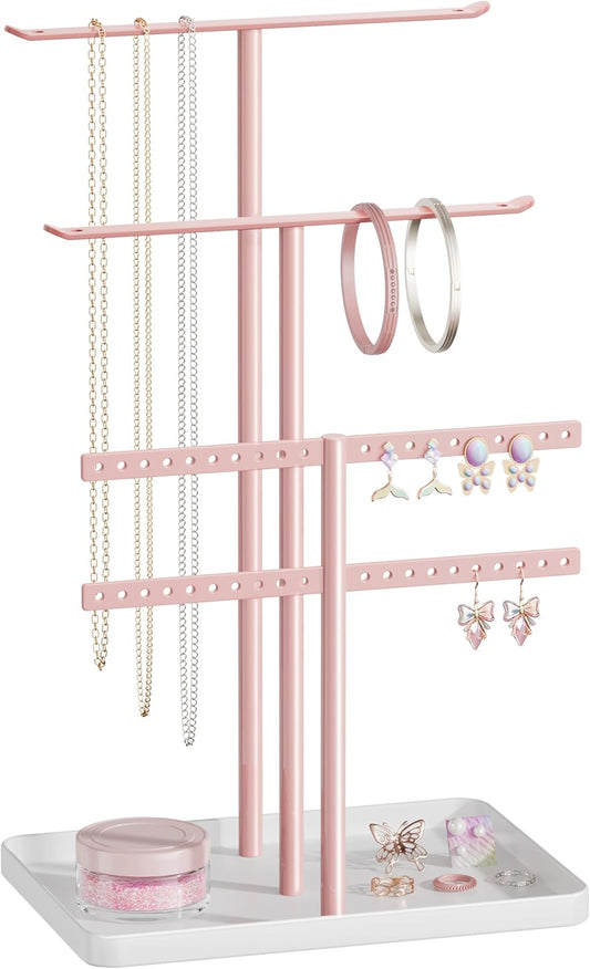 pickpiff Jewelry Holder Organizer, 12.5'' Tall Sturdy Metal Stand, 3-Tier Jewelry Hanger for Necklace, Earring, Bracelet, Ring, for Display and Storage, Aesthetic Room Decor, Pink