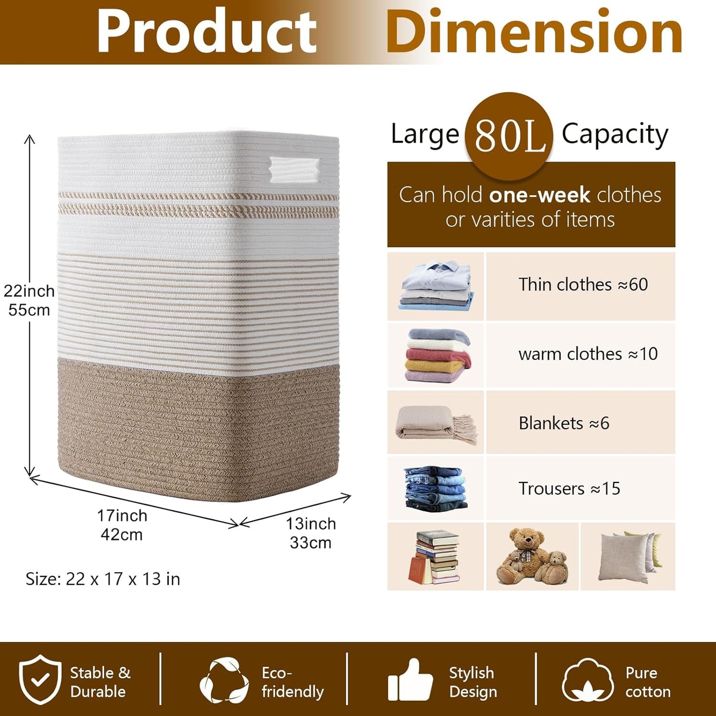 Laundry Hamper, Large Woven Rope Tall Laundry Basket with Handles, 22" X 17" X 13", Decorative Storage Basket for Clothes and Blankets in Living room, Bedroom, Brown Variegated