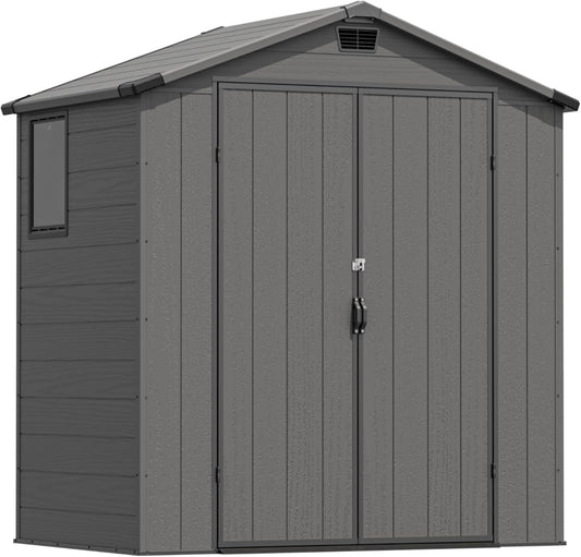 Greesum 6x4FT Plastic Outdoor Storage Shed with Floor, Resin Sheds with Lockable Double Door, Window & Vents, All-Weather Tool Sheds for Garden, Backyard, Patio, Dark Gray