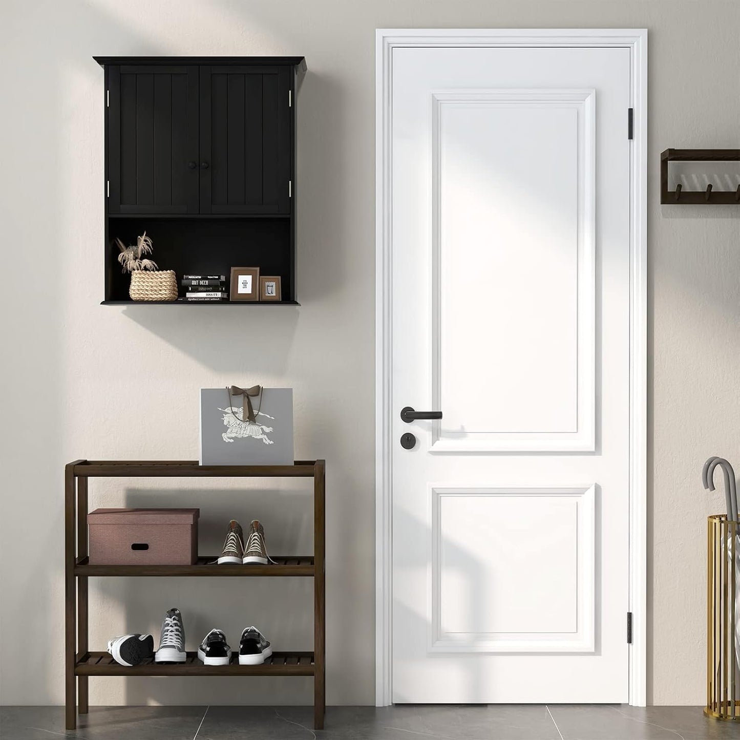 Tangkula Wall Mount Bathroom Cabinet Wooden Medicine Cabinet Storage Organizer with 2-Doors and 1-Shelf Cottage Collection Wall Cabinet (Black)