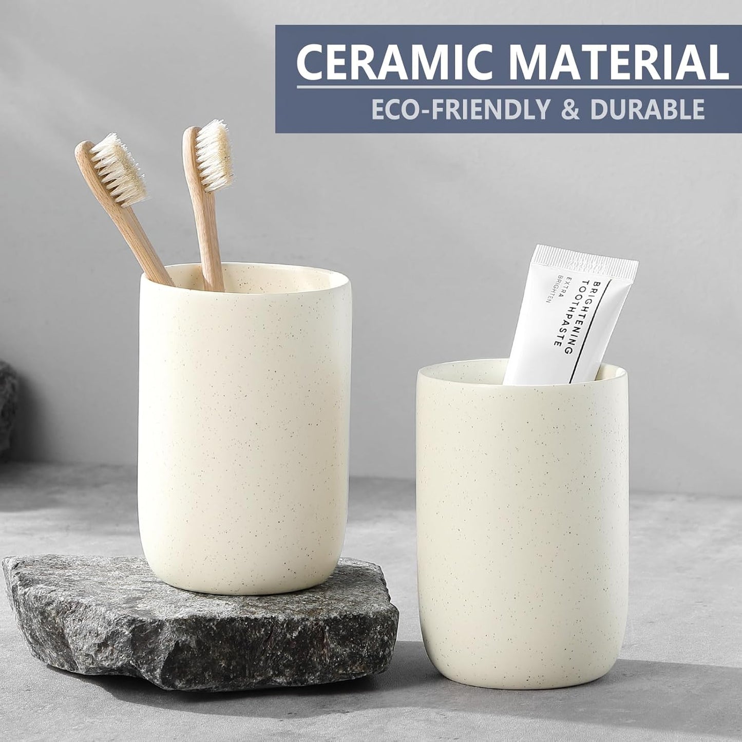 Toothbrush Holder for Bathrooms - 1 Cup Ceramic Toothbrush Toothpaste Holder, Beige Bathroom Tumbler Cup Reusable Toothbrush Mouthwash Cup, Bathroom Counter Organizer