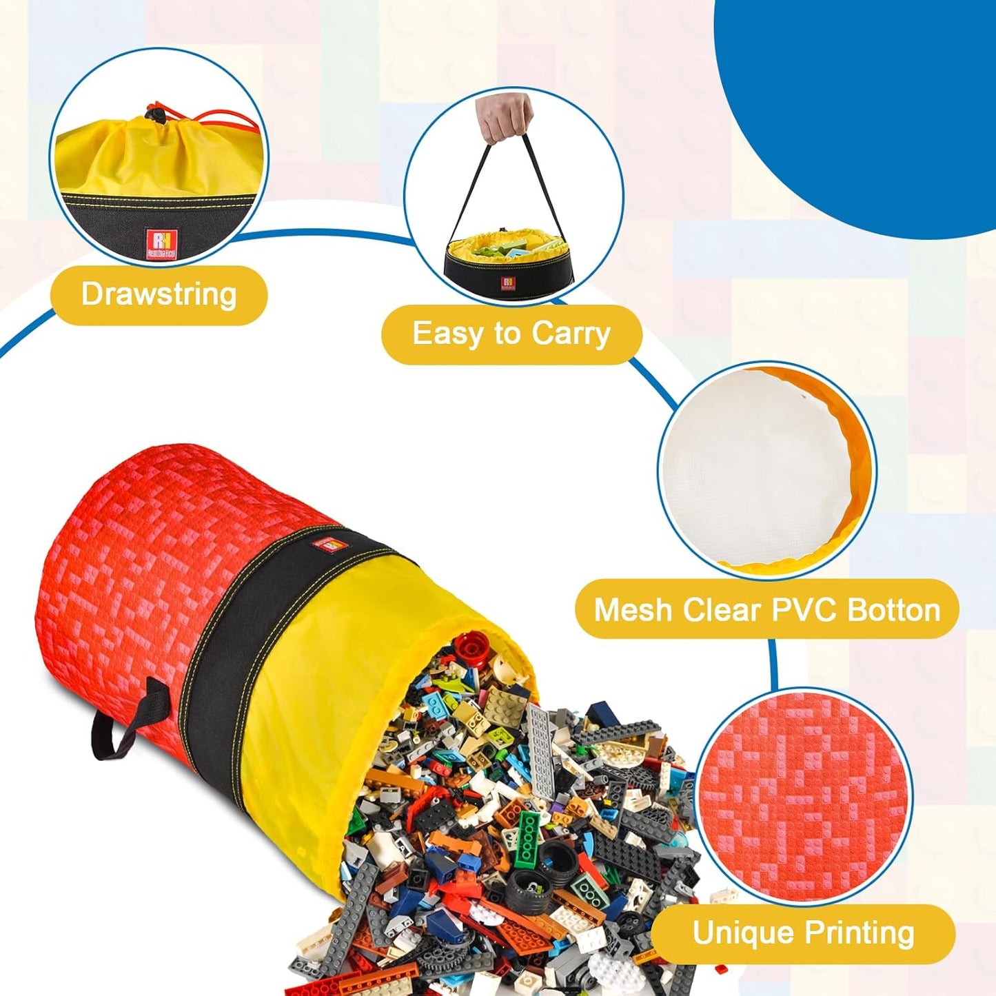 Toy Storage Organizer Basket Bag with Drawstring for Buliding Bricks, Blockets,Puzzles,Playroom Cinch Bucket Carrying Bag (Red)