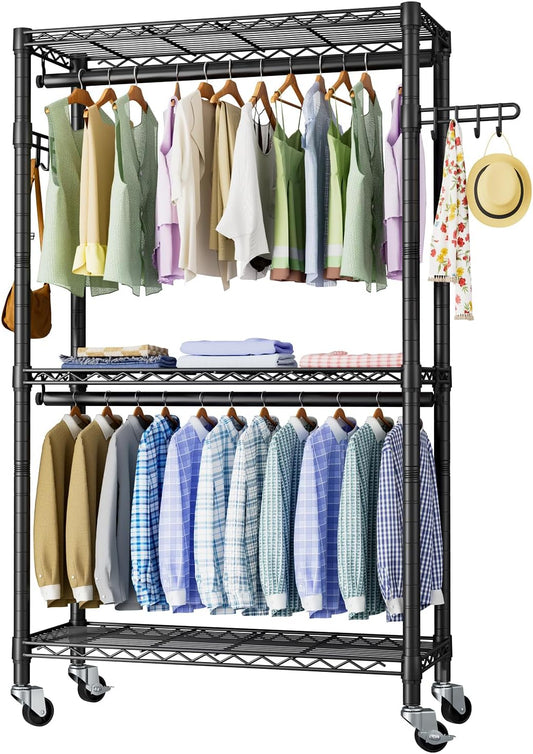 Heavy Duty Clothes Rack Rolling Garment Rack,3 Tier Adjustable Wire Shelving Clothing Racks for Hanging Clothes with Double Rods&Side Hooks,Freestanding Wardrobe Storage Rack Metal Portable Closet