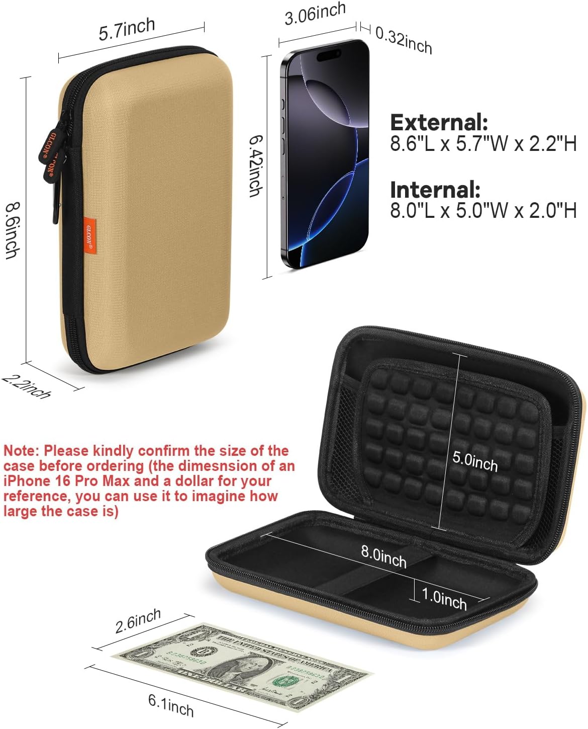 Kakhi-Brown Hard Shell Carrying Case for External Hard Drive, Power Bank, Charger, Cable, Cell Phone, Electronic Accessories - Larger Capacity Storage Pouch Shockproof Travel Case Bag for Men Women