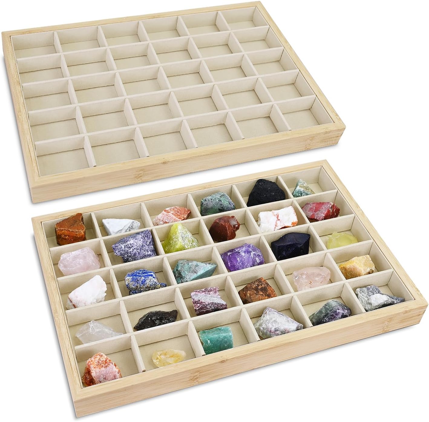 MOOCA 2 Pcs Set Bamboo Jewelry Display Tray Organizer with 30 Compartments for Rings, Earrings, Jewelry, Accessories, and Collectibles items, Oak Color,14" W x 9.6" D x 1.2" H