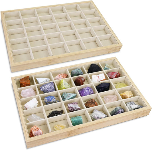 MOOCA 2 Pcs Set Bamboo Jewelry Display Tray Organizer with 30 Compartments for Rings, Earrings, Jewelry, Accessories, and Collectibles items, Oak Color,14" W x 9.6" D x 1.2" H