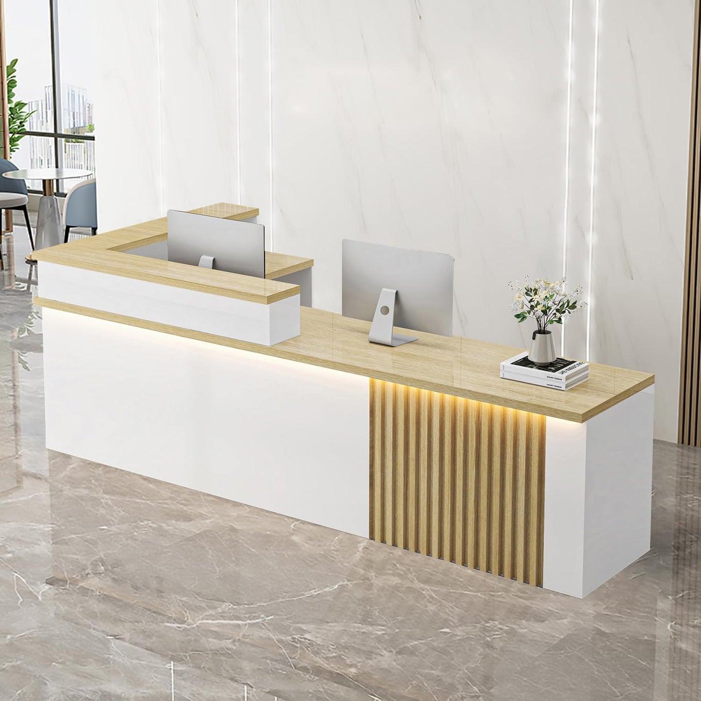 Receptionist Desk with LED Light，Wooden Salon Checkout Counter with Storage Drawer & Keyboard Tray Modern L-Shaped Reception Desk for Barbershop Office Company Store