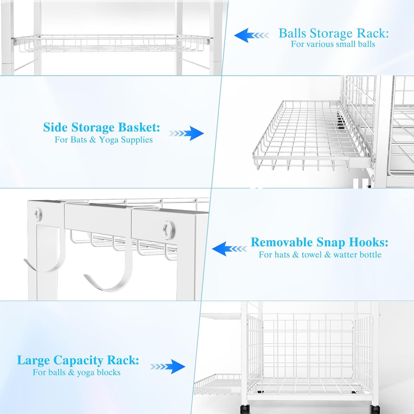 Sports Equipment Garage Organizer,Garage Ball Storage Rack with Wheels-Upgraded 3 Layers Sport Toy Organizer Rack Outdoor Basketball Racks for Balls with Holder and Hooks