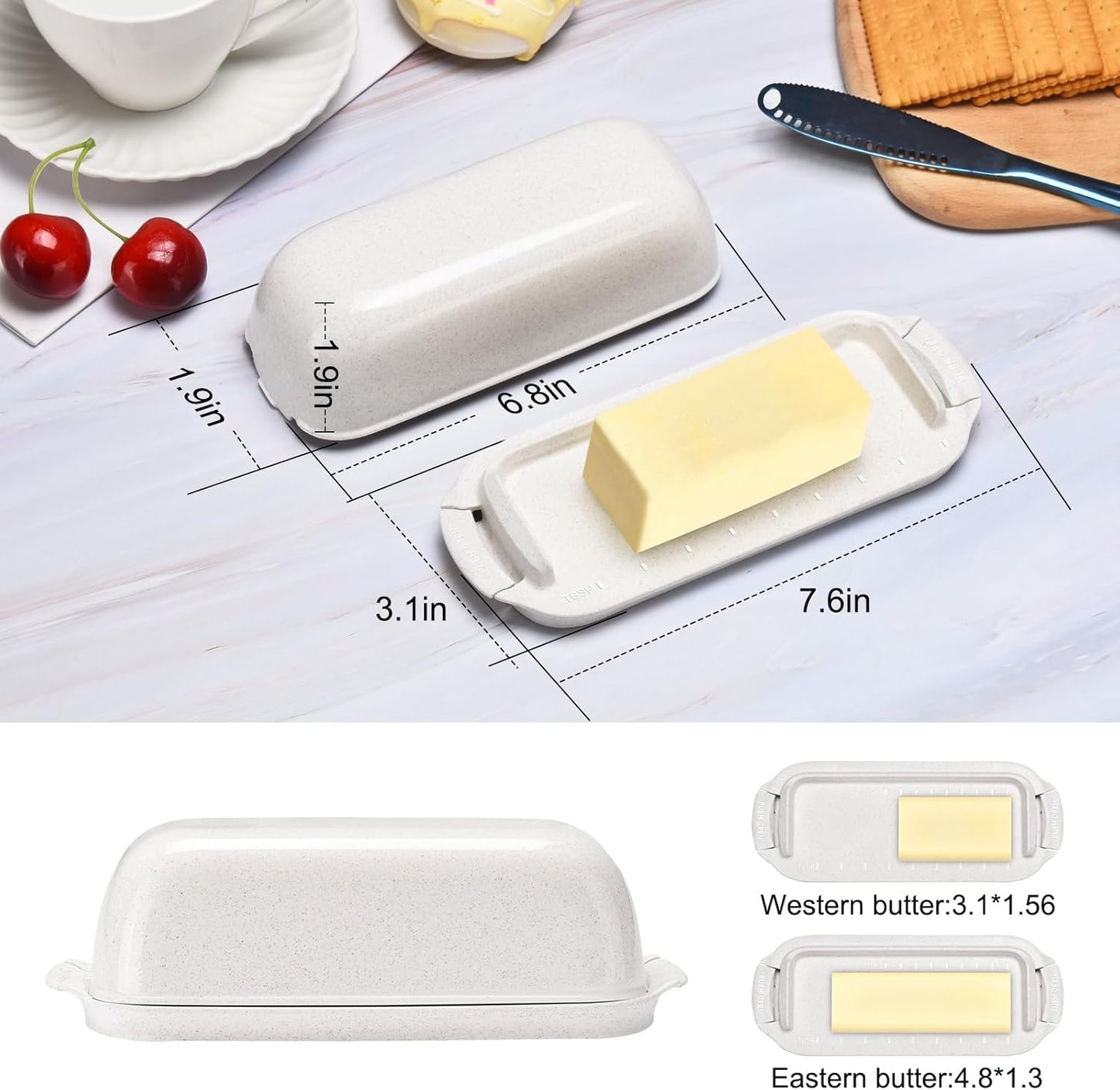AONCO Butter Dish, Beige Wheat Straw Butter Container Holds with Lid for Countertop, Unbreakable Reusable Butter Keeper for Home Kitchen Decor, Perfect for East/West Coast Butter, Eco Friendly