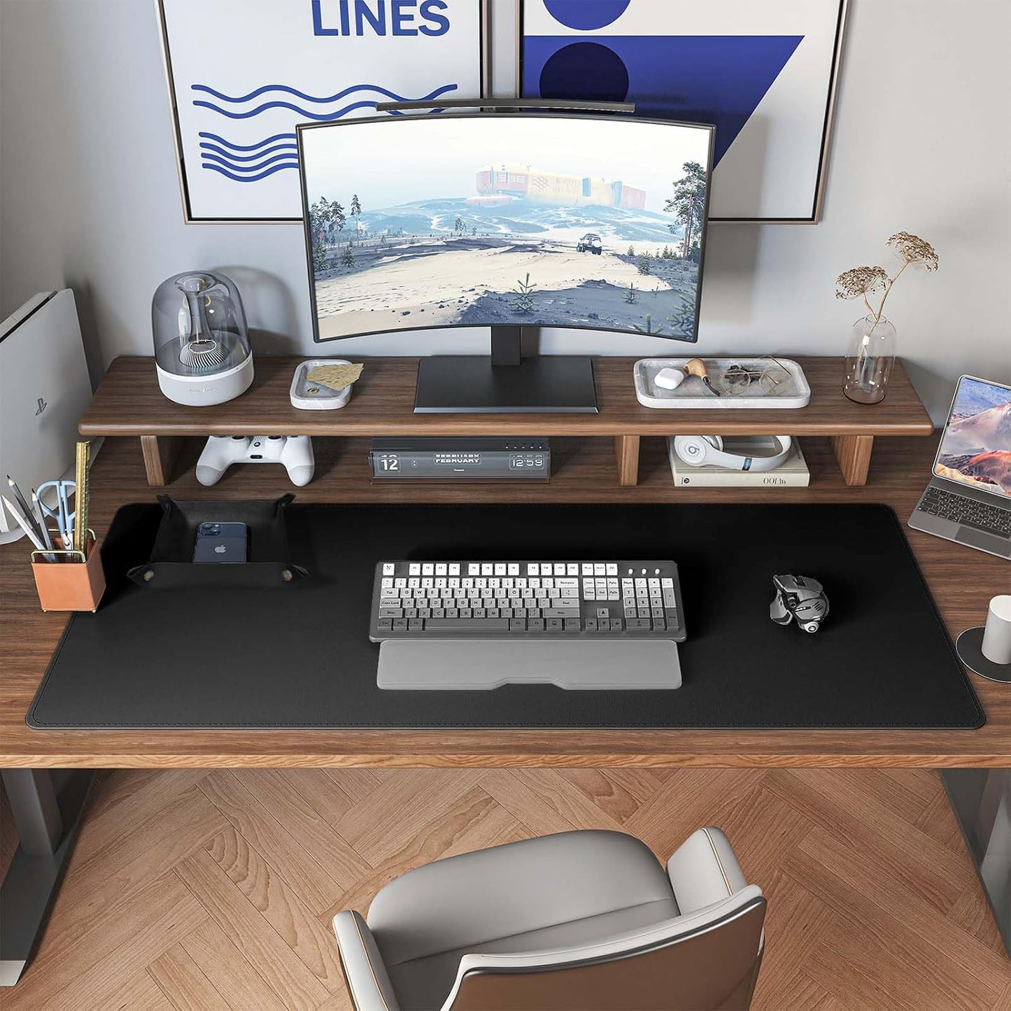 DAWNTREES Dual Sided Desk Mat,Leather Desk Pad,Black 40"x16",Cork Desk Mat Protector,with PU Leather Valet Tray Organizer,Large Mouse Pad,Desk Writing Pad for Office and Home