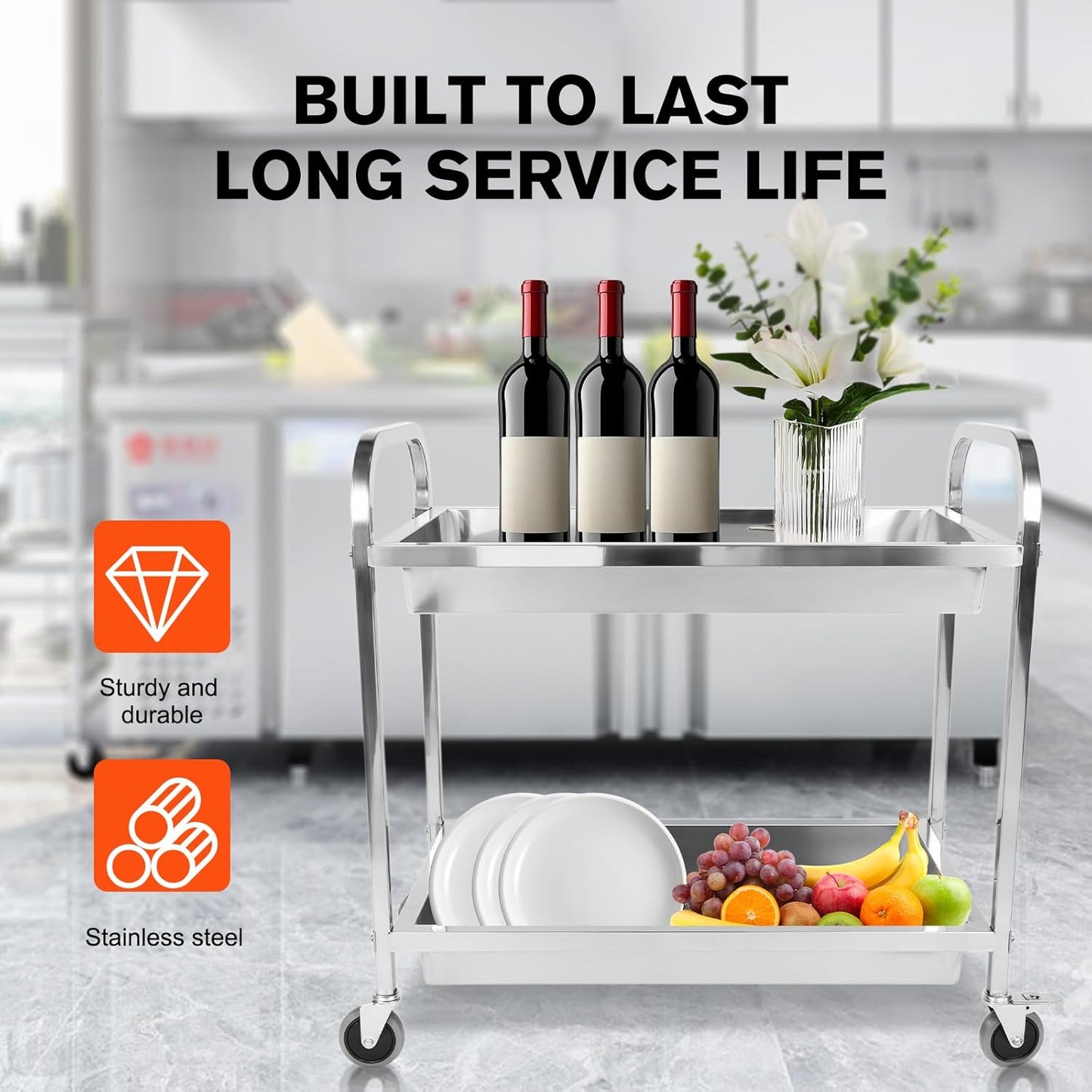 Stainless Steel Kitchen Cart with Lockable Wheels Food Storage Service Trolley Mobile Dining Car Trolley Dining Cart Kitchen Cart Utility Cart Metal Mobile Food Rolling Car 400lbs Capacity