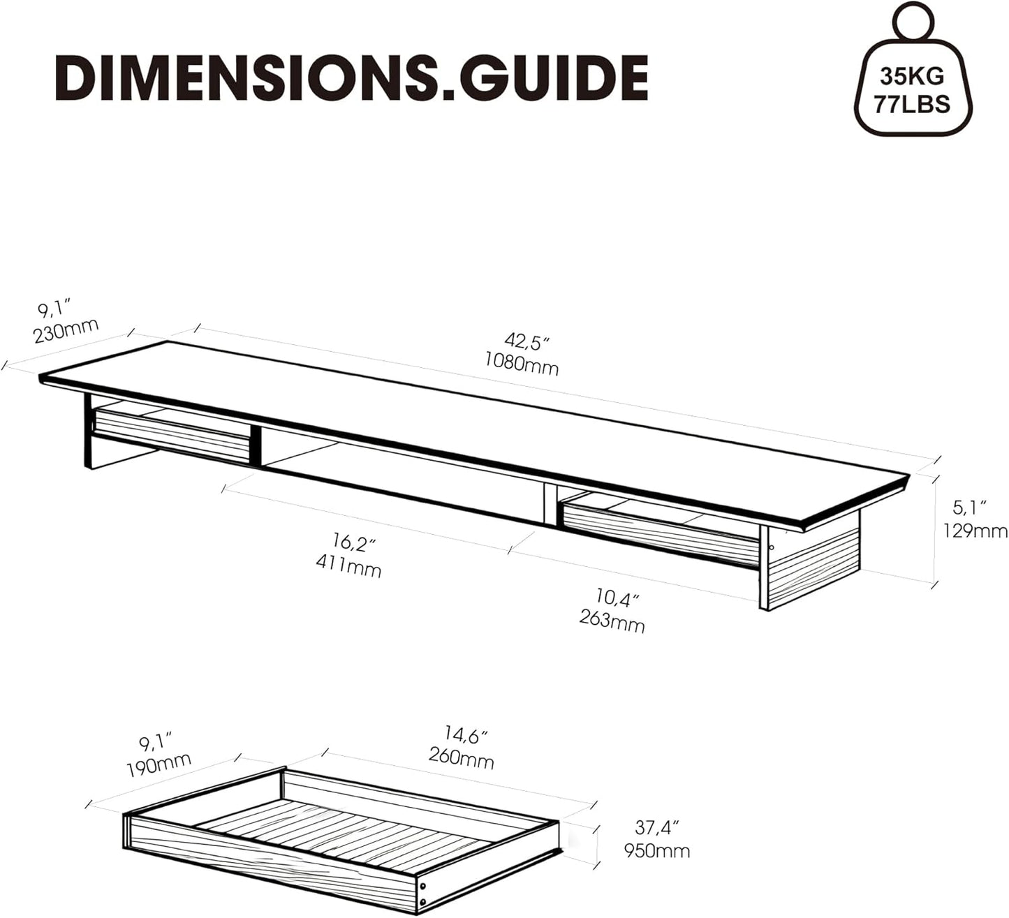 Fenge Dual Monitor Stand with Drawer, 42.5 Inch Large Monitor Riser with Acrylic Legs Supports, Computer Stand for Desk, 2 Tier Wood Desk Shelf with Storage Organizer for PC, Laptop, Printer, TV