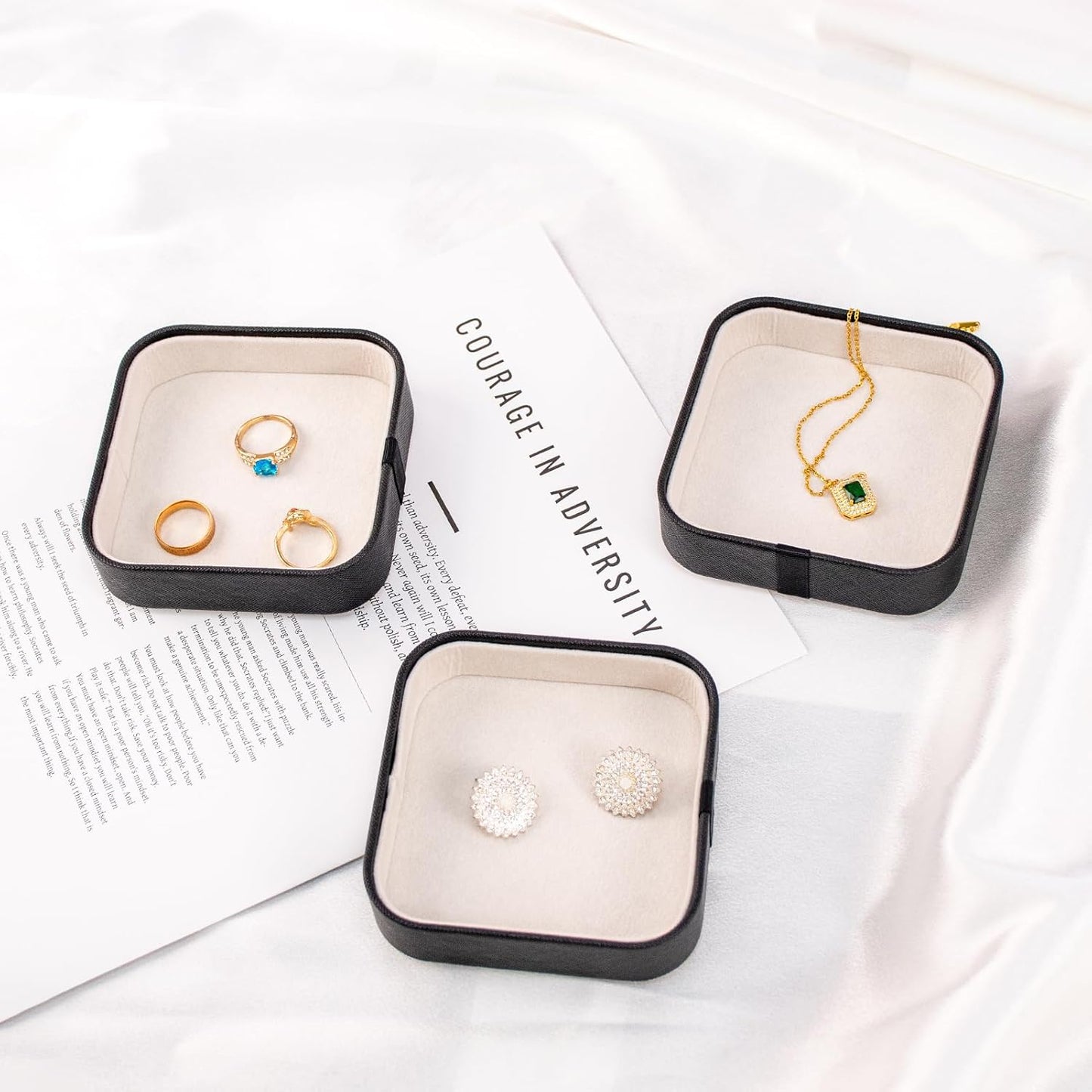 SANQIANWAN Set of 3 Small Stackable Jewelry Organizer Trays Mini Jewelry Drawer Oragnizer Small Jewelry Display Tray for Necklace Bracelet Rings Earrings and Makeup (Black)