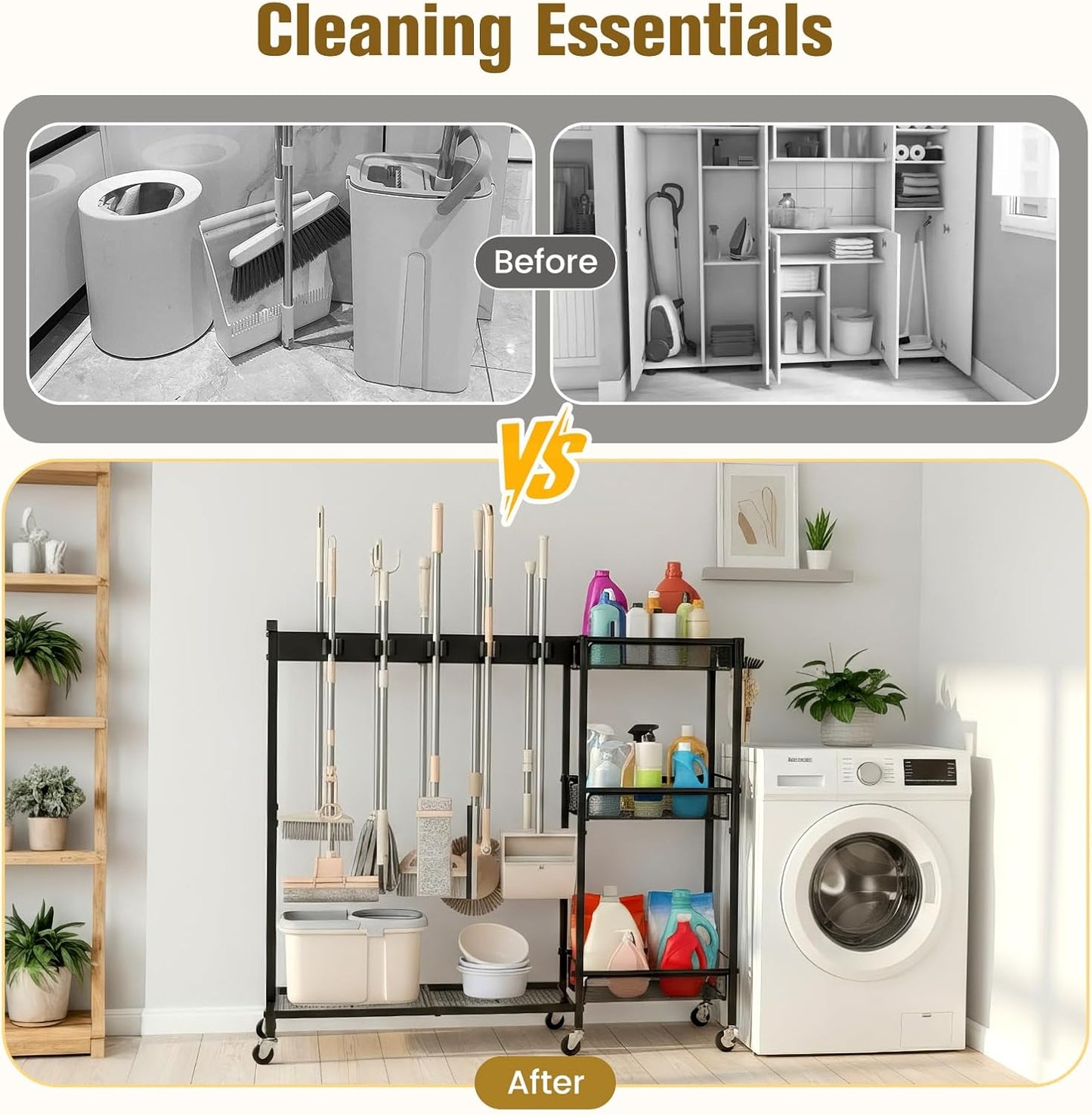 Broom Holder with Cleaning Supplies Organizer, Cleaning Utility Cart on Wheels, 10 Clips & 7 Hooks, 3-Tier Shelves, Broom Closet Storage Cabinet with Cleaning Caddy for Home Commercial Use
