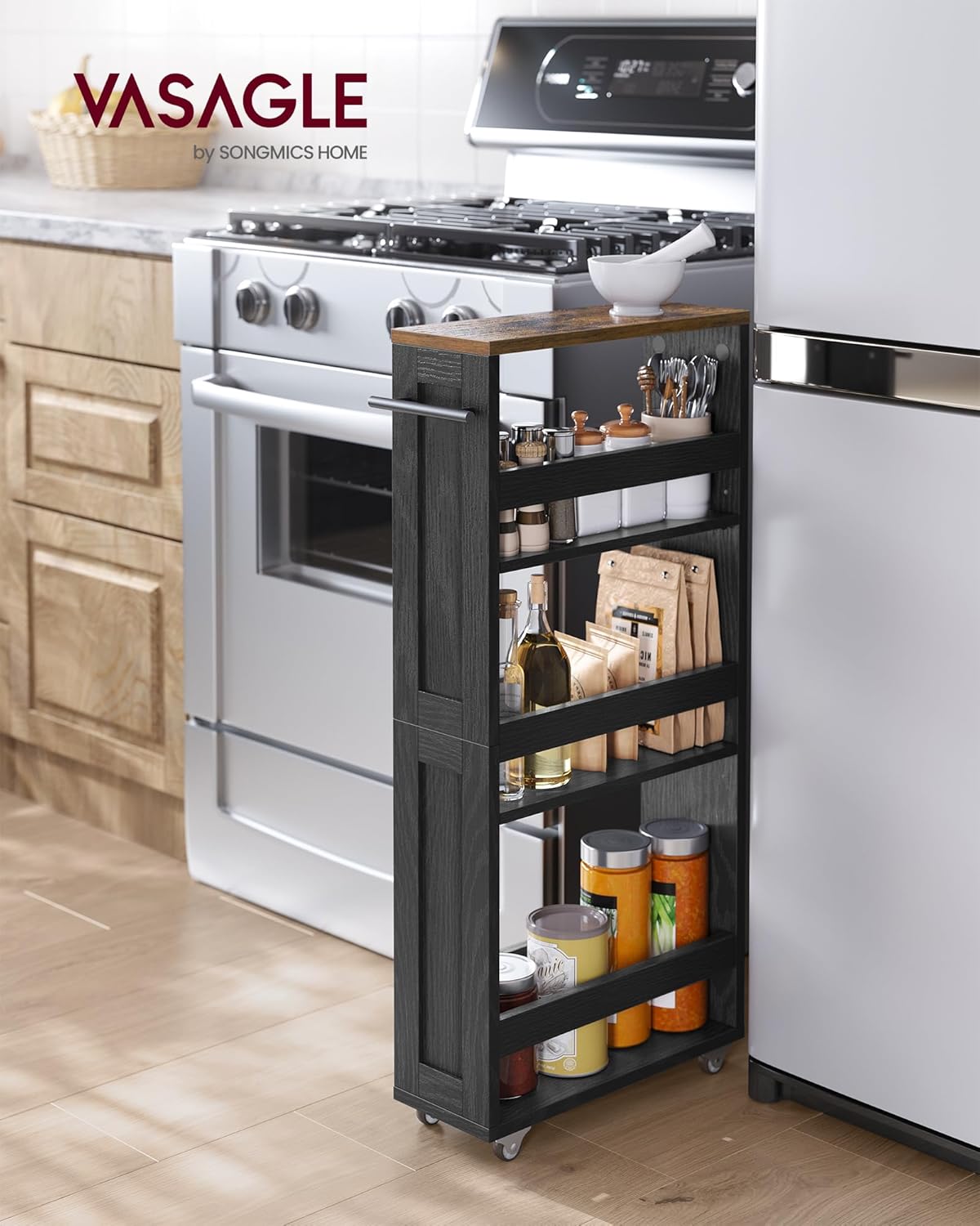 VASAGLE 4-Tier Slide-Out Storage Cart, Slim Kitchen Cart for Small Spaces, with Wheels, Handle, Bathroom, Laundry Room, 5.9 x 17 x 34.1 Inches, Ebony Black and Rustic Brown ULRC050K02