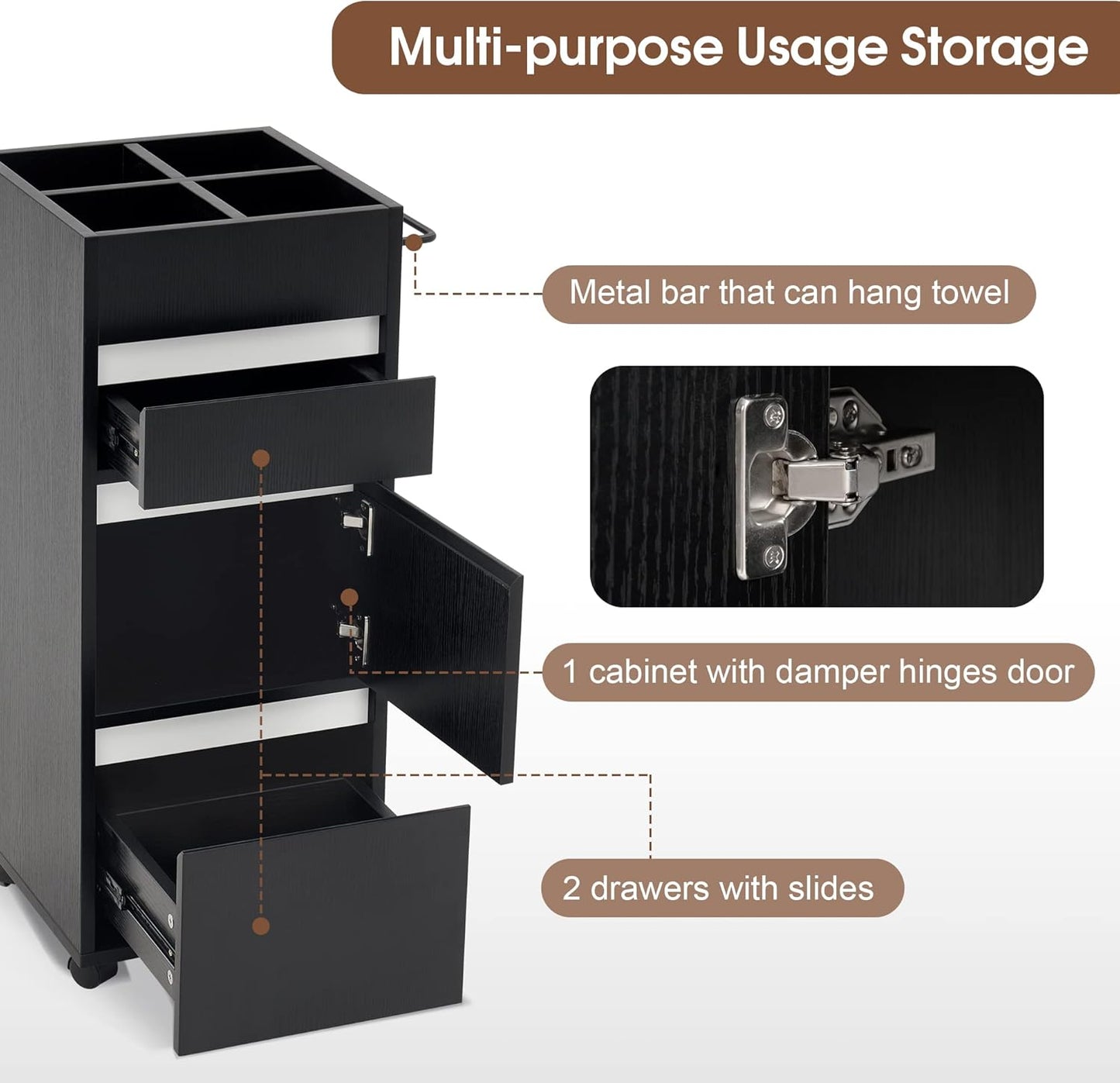 BarberPub Salon Trolley with Drawers Barber Cart Storage Cabinet Beauty Organizer Spa Equipment 2039 (Black)