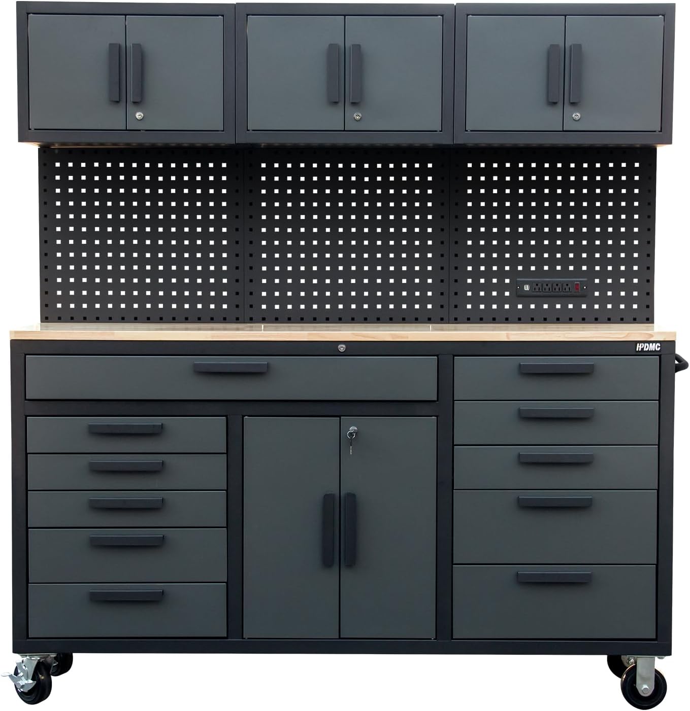 72in Rolling Tool Chest Cabinet Mobile Garage Workbench Heavy-Duty Tool Cabinet on Wheels with 11 Drawers, 2-Door Cabinet, 3 Top Cabinet, Pegboard & Power Strip for Tool Organization