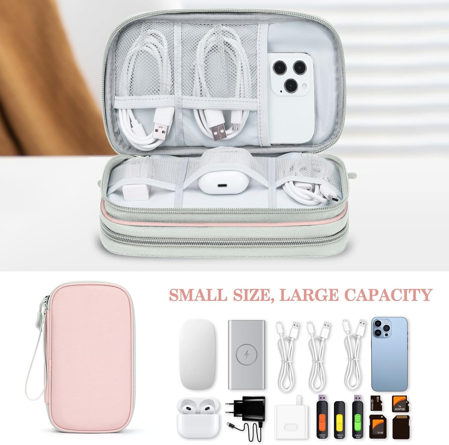 FYY Electronic Organizer, Travel Cable Organizer Bag Pouch Electronic Accessories Carry Case Portable Waterproof Double Layers Storage Bag for Cable, Cord, Phone, Earphone, Large Size, Light Pink