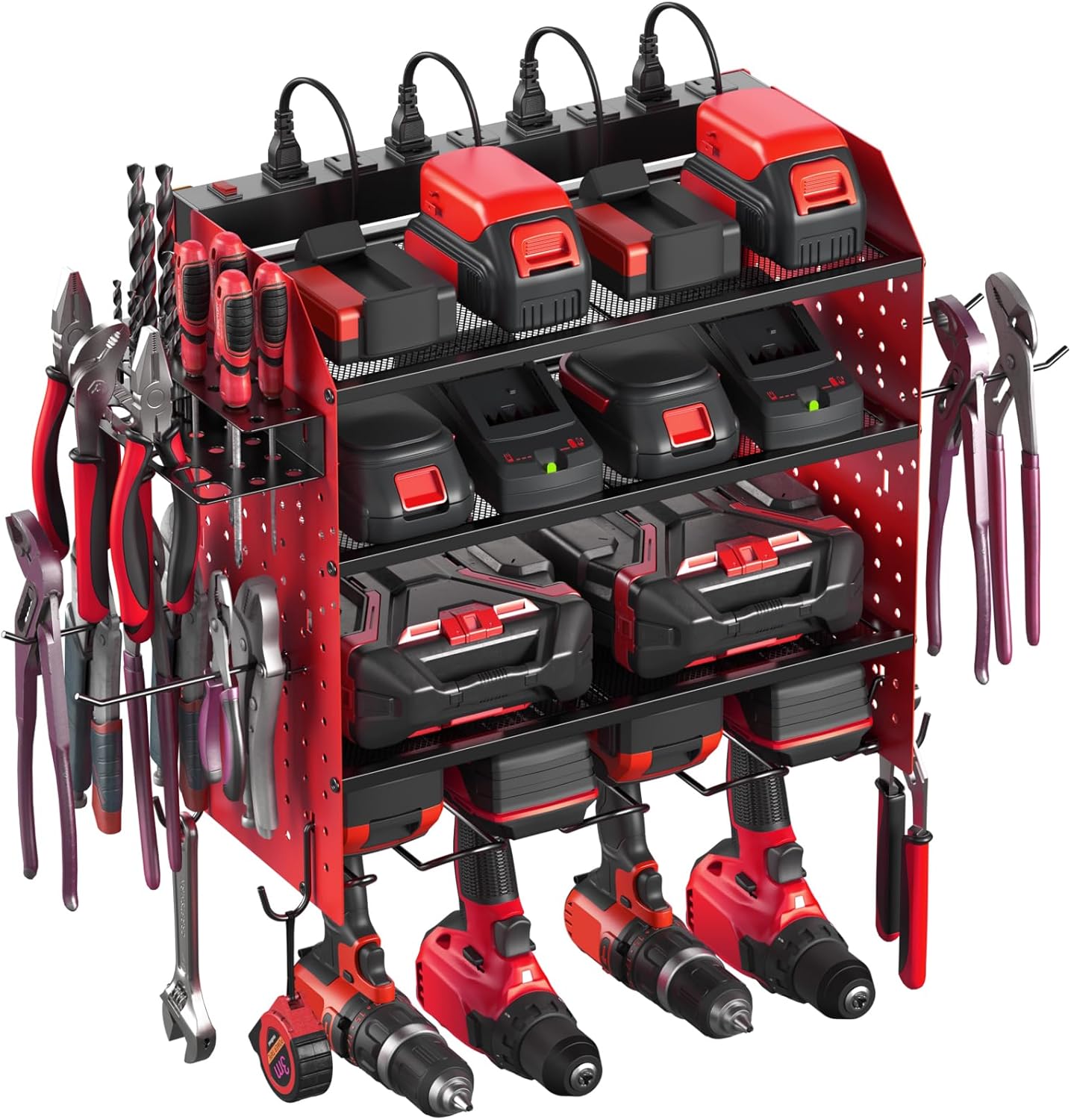 CCCEI Modular Pegboard Rack Power Tool Organizer with Charging Station. 4 Layer Wall Mount Drill Holder, Red Tool Battery Charger Organizer. Garage Shop Storage Utility Shelf with 10FT Power Strip.