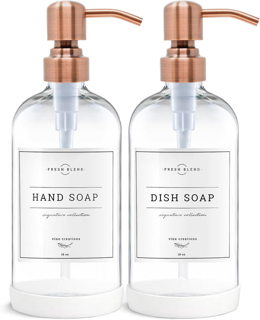 Vine Creations Clear Glass Soap Dispenser, 2 Pack Kitchen Soap Dispenser Set with Stainless Steel Pump, 16 oz Dish Soap and Hand Soap Dispensers for Bathroom with Waterproof Labels