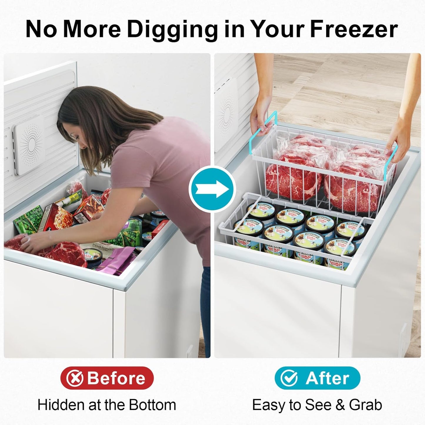 iSPECLE Chest Freezer Organizer Bins - 3 Pack Small Stackable Deep Freezer Organizer Bins for Most 7 Cu.FT Chest Freezer Sort Frozen Meats, Freezer Storage Bins Easy Access Food without Digging, White