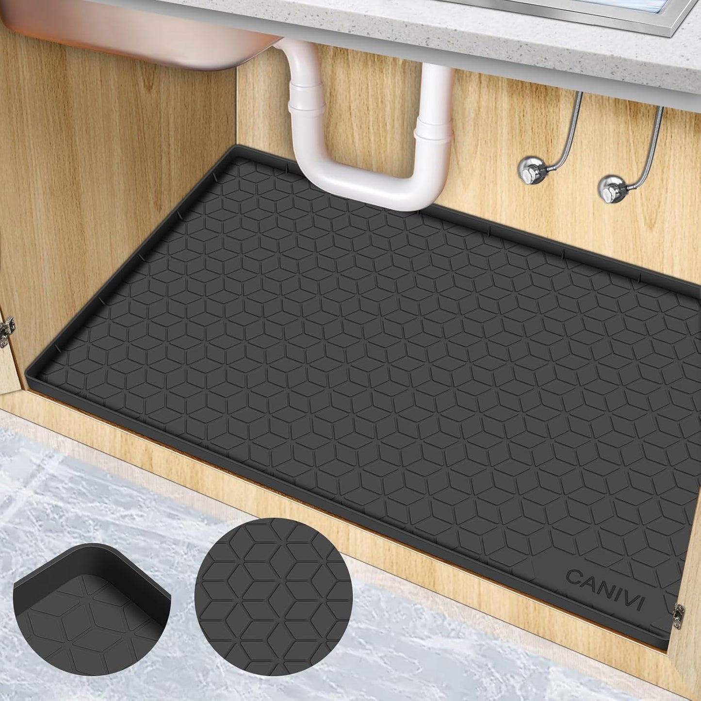 Under Sink Mat, 34" x 22" Waterproof Silicone Under Sink Tray for Kitchen & Laundry Cabinets, Kitchen Cabinet Shelf Protector, Up to 3.3 Gallons Liquid, Fits 36 inch Standard Cabinet(Grey)