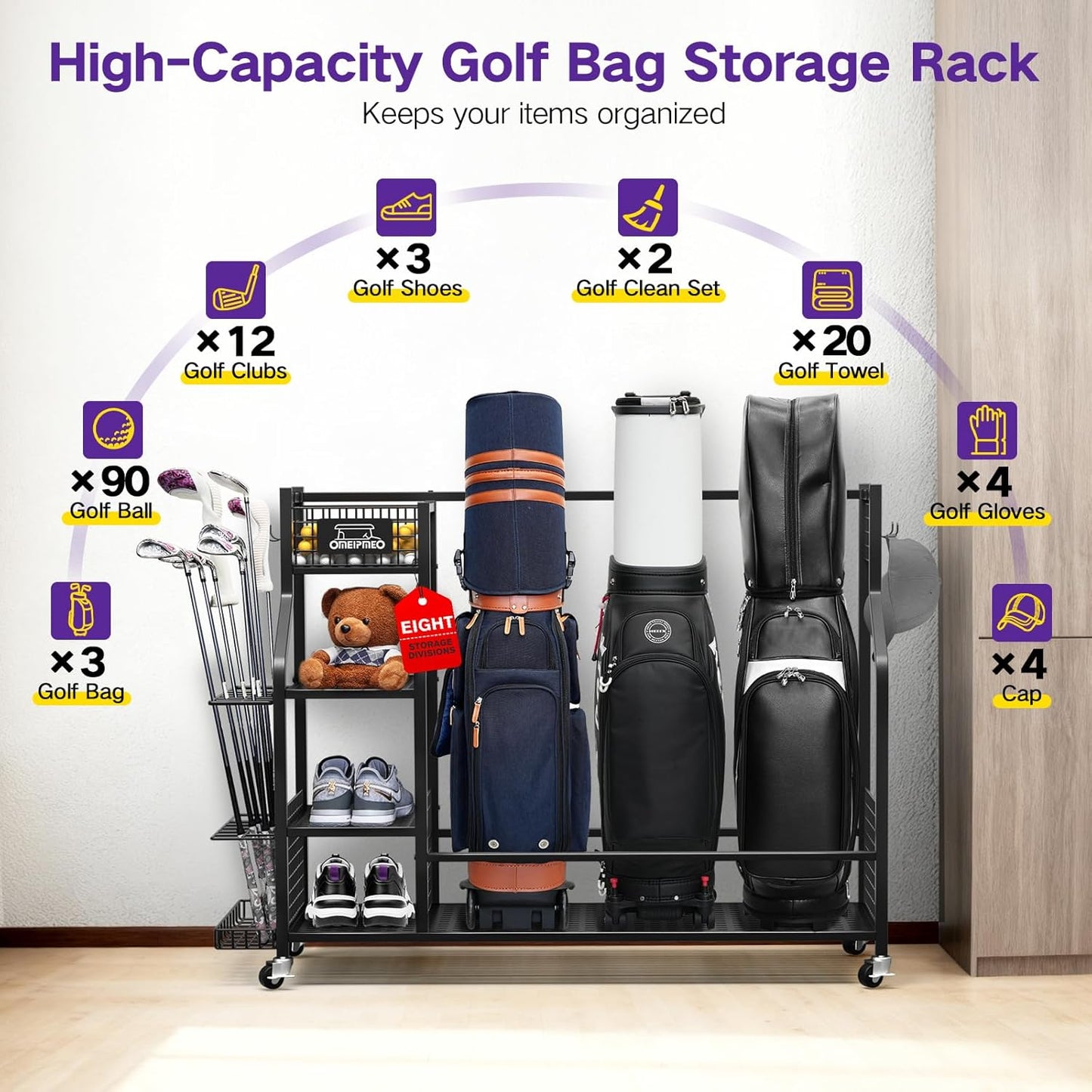 Golf Bag Storage Garage Organizer, Golf Bag Storage Stand and Other Golfing Equipment Accessories Rack, Golf Bag Storage Rack with Wheels, Golf Organizer for Home, Garage, Club, Shed, Basement
