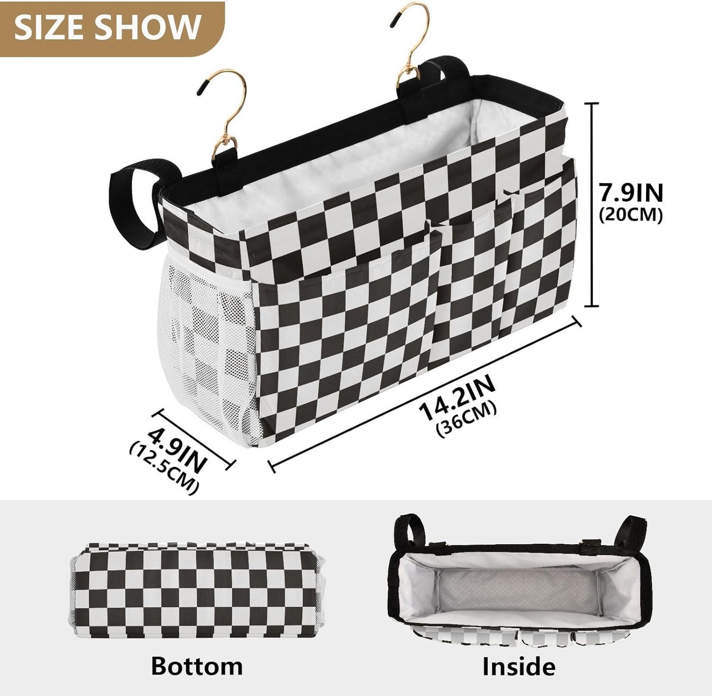Checkered Black Bedside Caddy for Dorm Bed Bedside Hanging Caddy Bag Iron Frame Storage Organizer Pocket for Bunk Home College Hospital Beds 2 Hooks