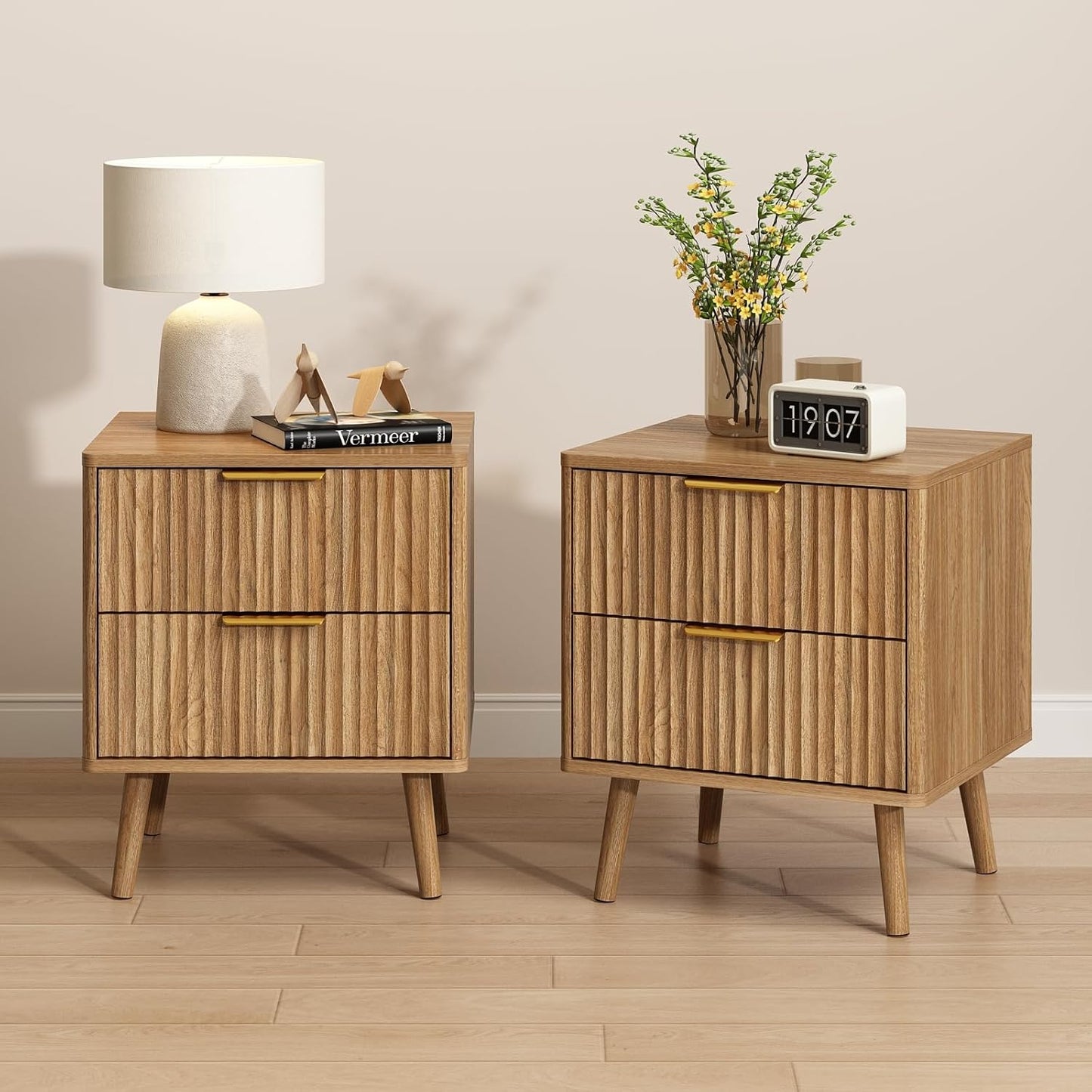 CARPETNAL Fluted Nightstand Set of 2, Walnut Bedside Table with 2 Drawers and Gold Handles, Wood End Table Mid Century Night Stands for Bedroom Living Room