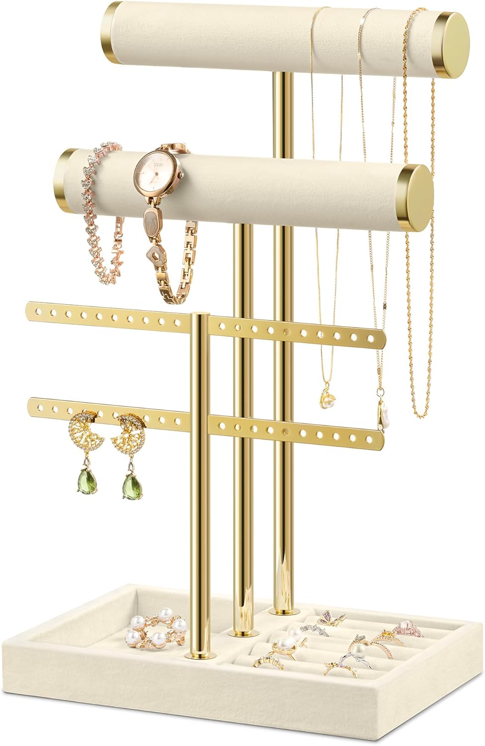 Bracelet Holder Jewelry Organizer Display - 3 Tier T Bar Velvet Stand, Beige Jewelry Storage for Bracelet, Necklaces, Earrings, Rings, Watches