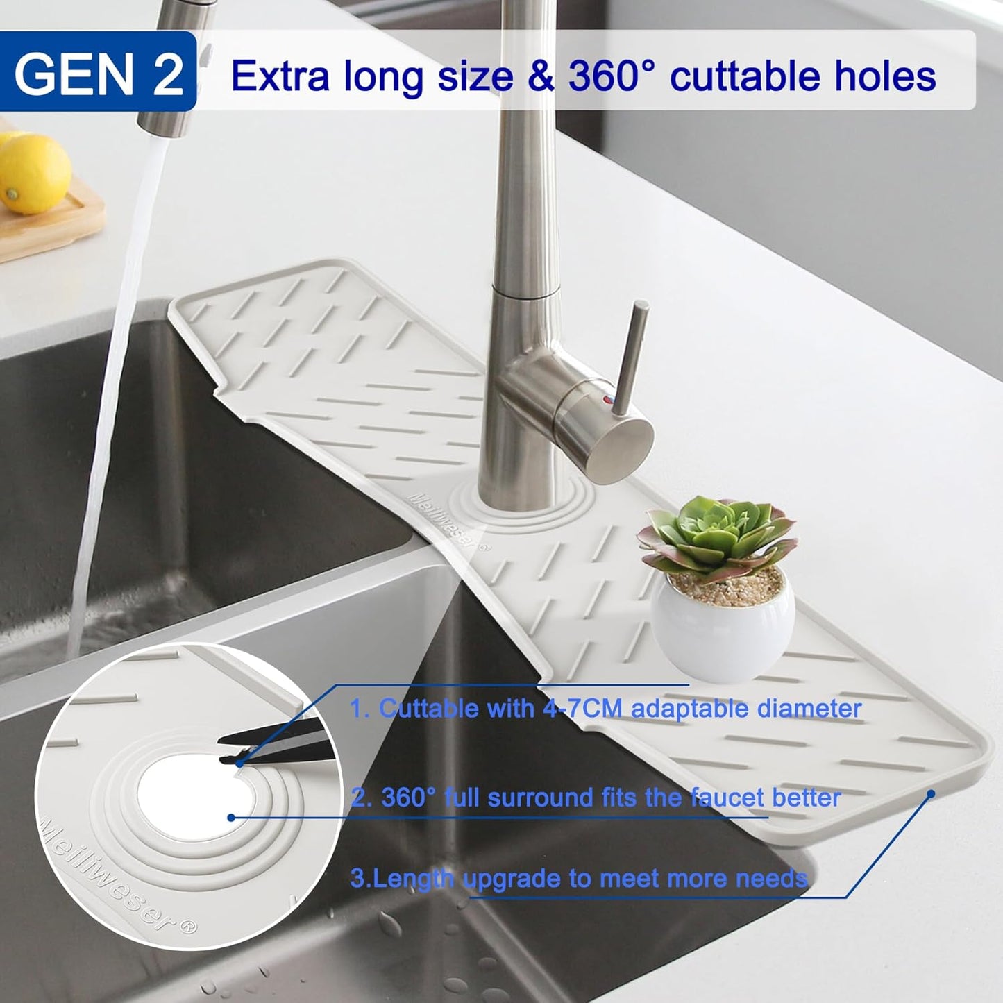Meiliweser Faucet Mat for Kitchen Sink – 24” x 5.1” Extra-Long Silicone Splash Guard with 10° Slope & Upgraded Drainage – Gen 3 Sink Water Catcher & Sponge Holder for Kitchen, Bathroom (White)