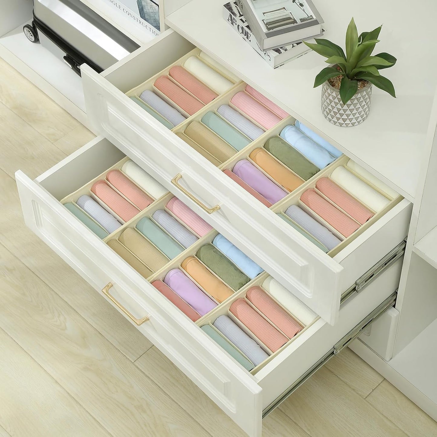 Qozary 3 Pack Sock Underwear Drawer Organizer Dividers, Non-Woven Fabric Collapsible Cabinet Closet Storage Boxes for Clothes, Socks, Lingerie, Underwear, Tie, Belt, Baby, Bedroom (Beige, 6 Cells)