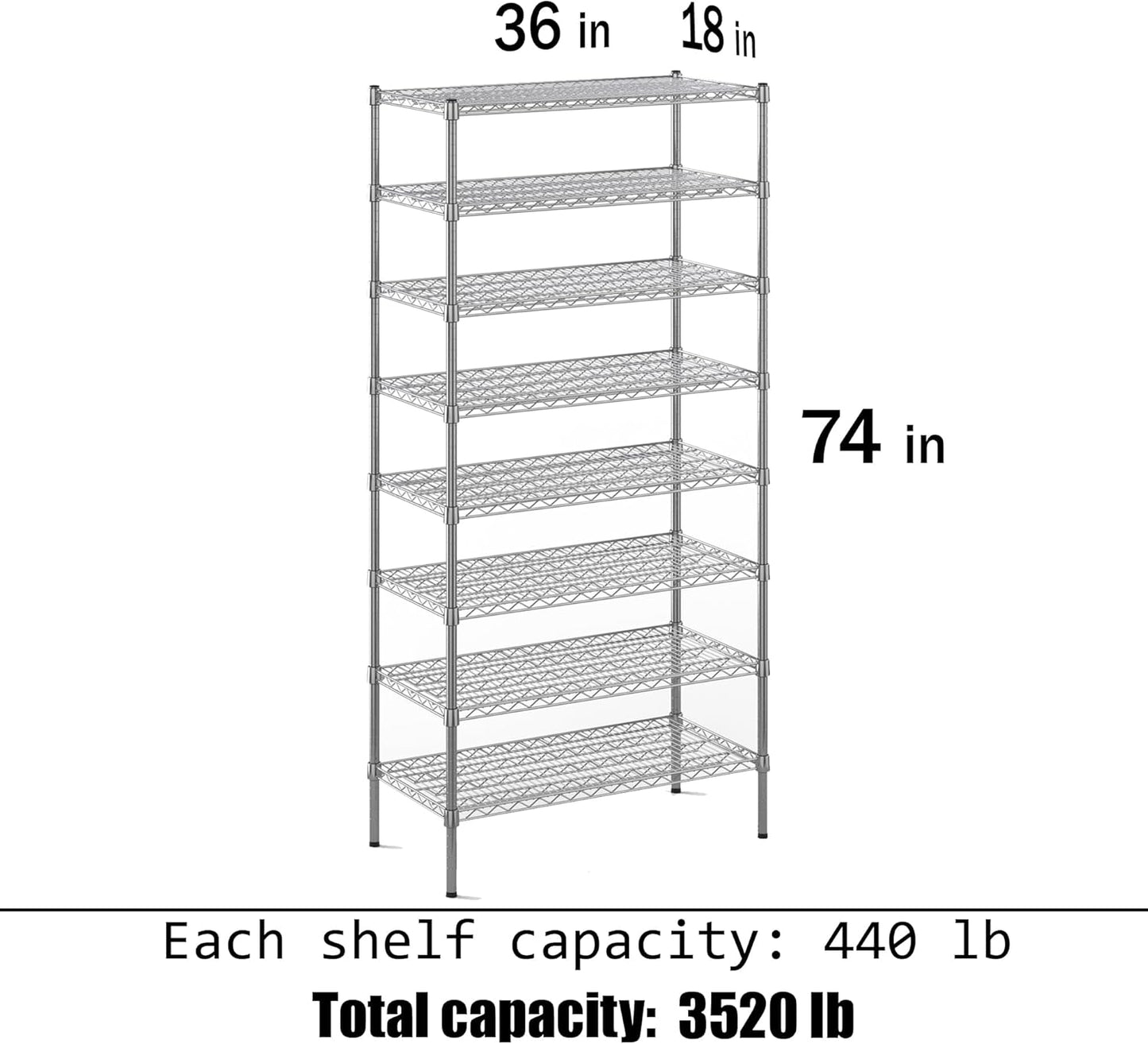 18" Deep x 36" Wide x 74" Height Wire Shelving Kit | 8-Tier | NSF Commercial Storage Rack Unit