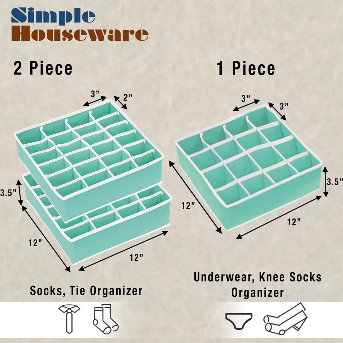 Simple Houseware Sock Drawer Organizer for Dresser/Closet/Bedroom, 3 Pack, Turquoise