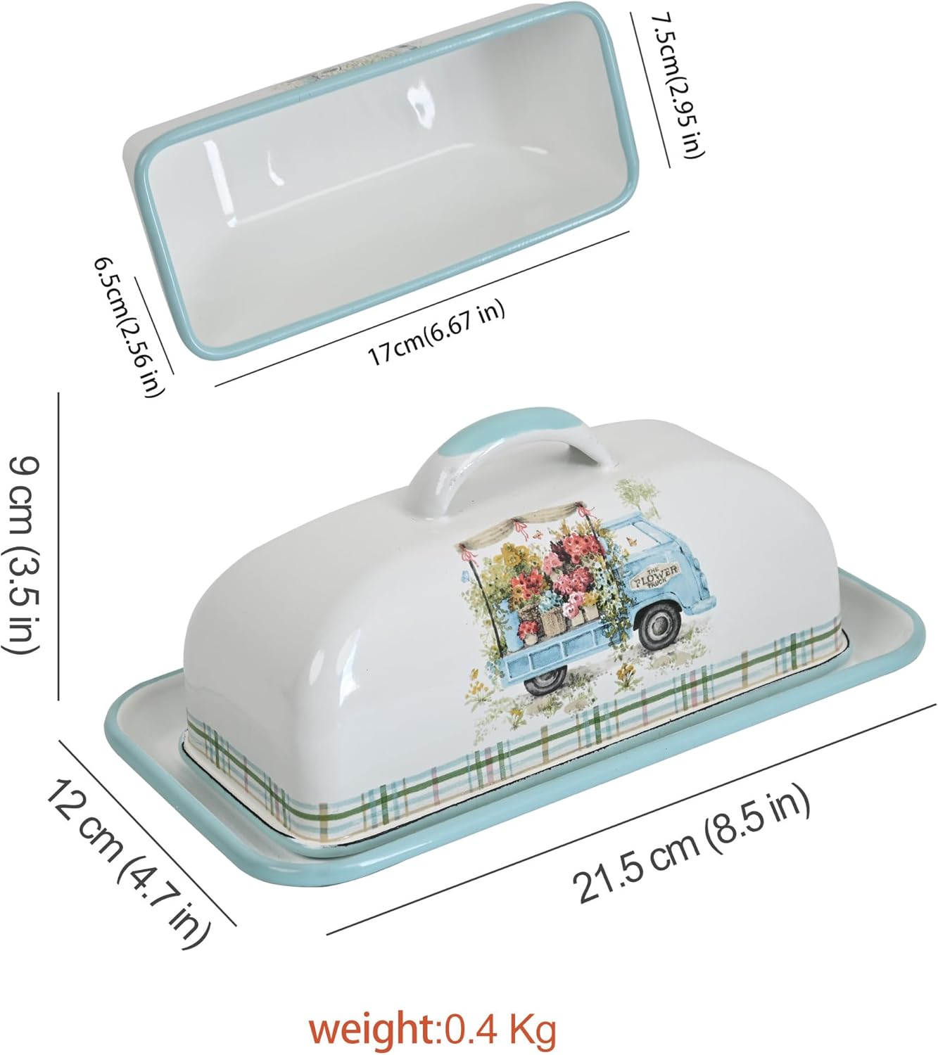 Enamel Butter Dish with Lid Vintage Enamelware Butter Keeper with Flower and Bird Patterns Farmhouse Butter Container Butter holder for Countertop Kitchen Decor (Lightblue)
